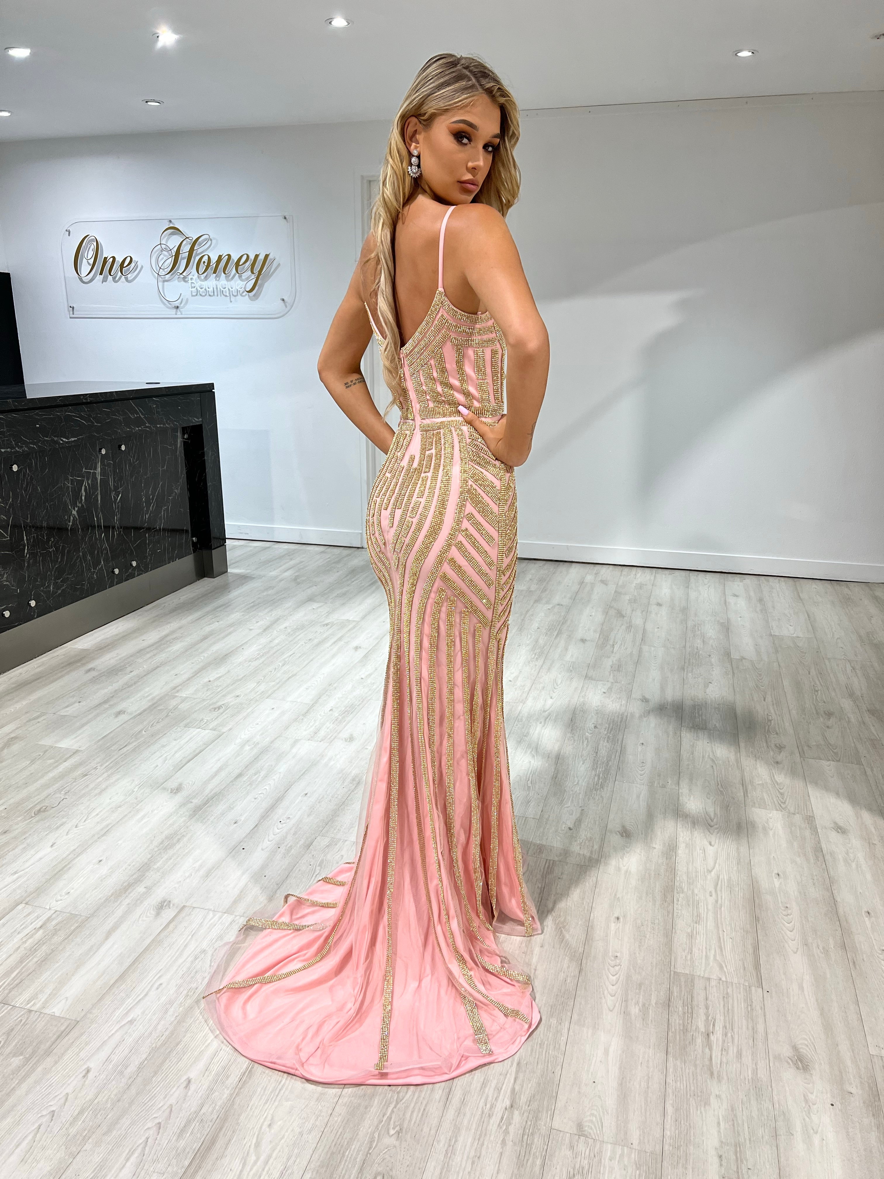 Honey Couture DIAMONDS Gold Sequin Mermaid Formal Gown Dress