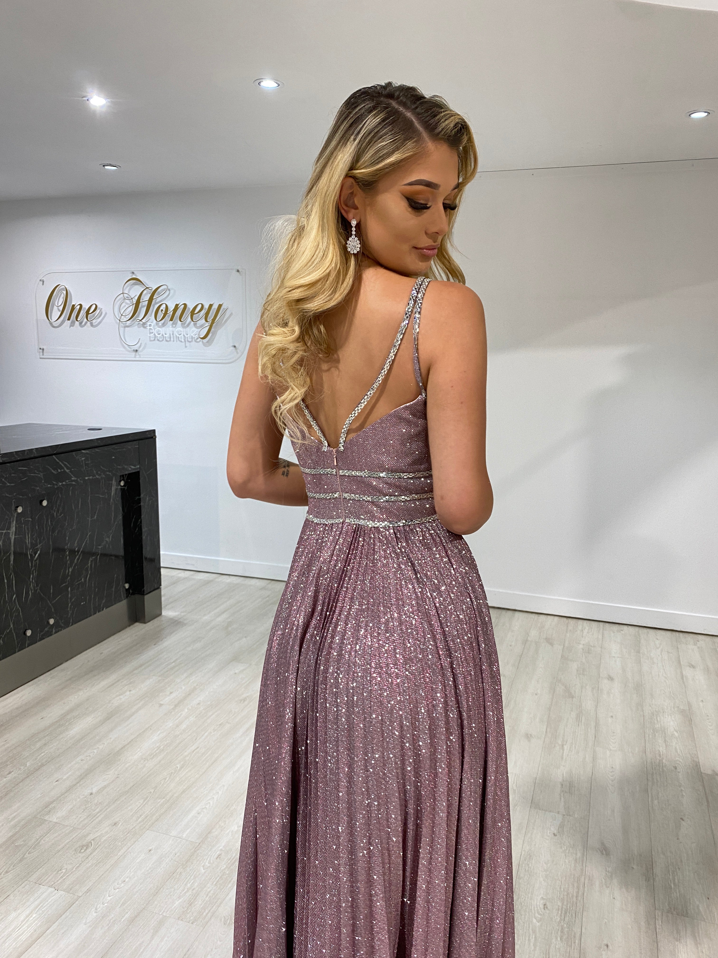 Honey Couture ANYA Blush Pink Shimmer A Line Formal Gown Dress