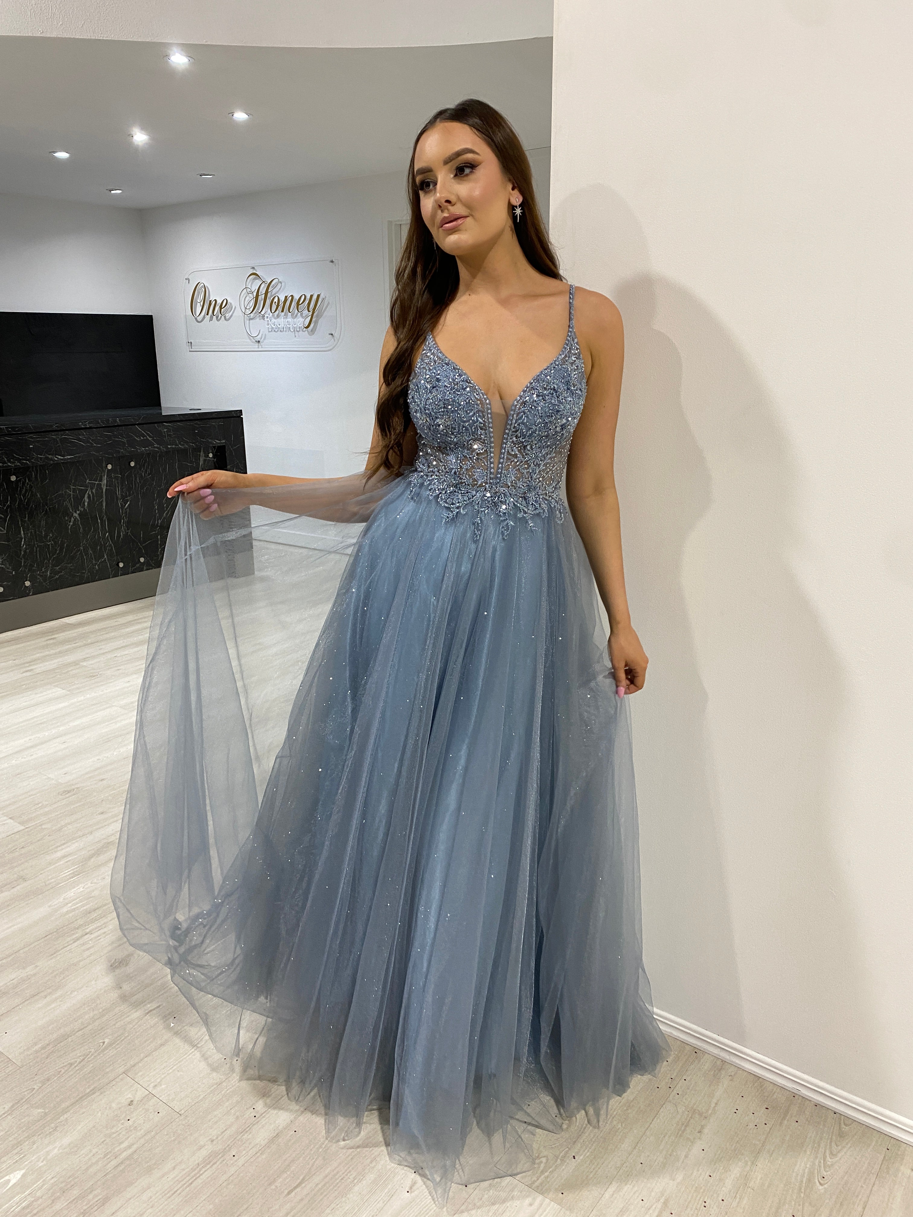 Honey Couture AMORET Smokey Blue Tulle Formal Dress