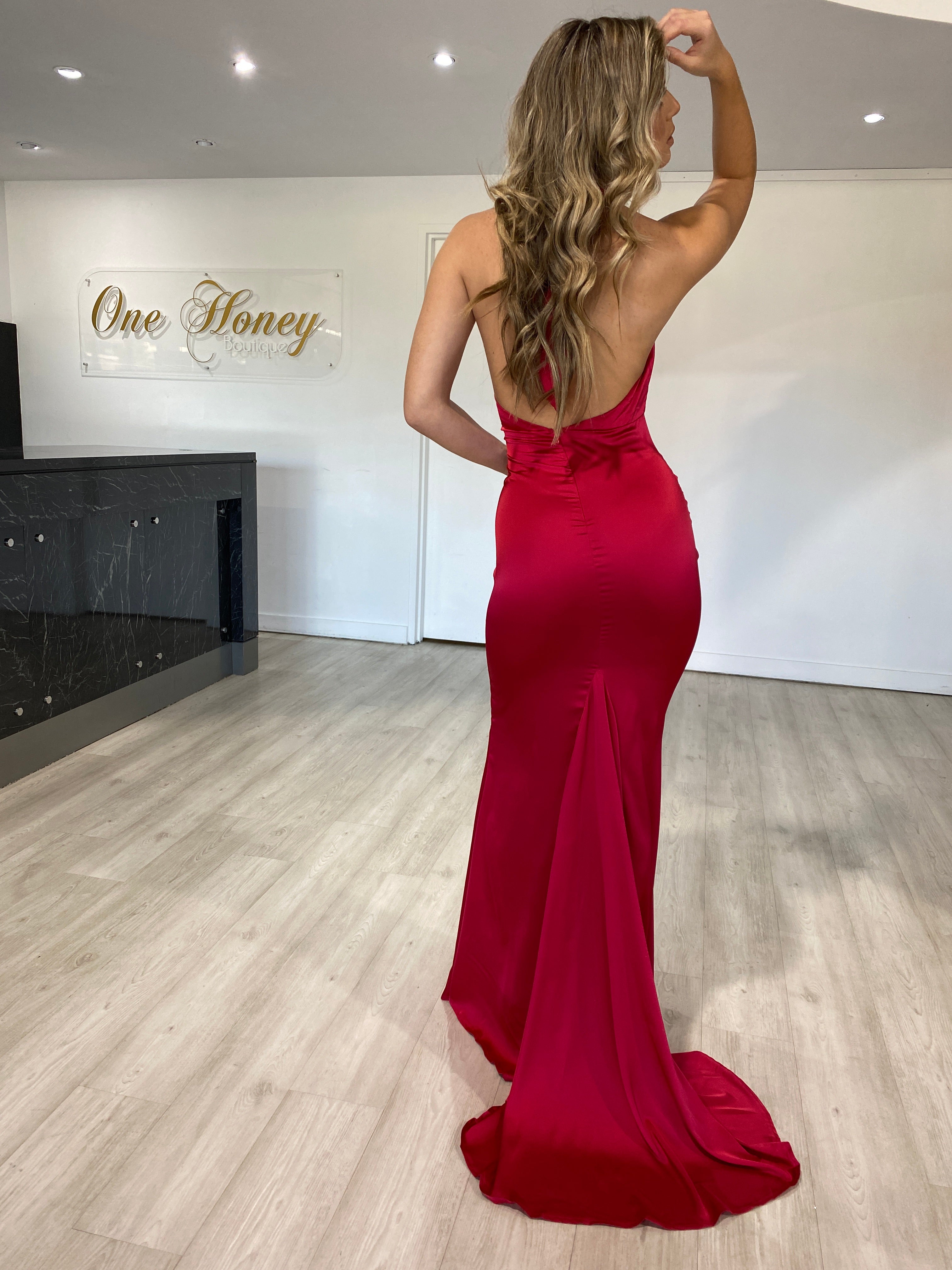 Honey Couture JODIE Red Halter Satin Mermaid Evening Gown Dress