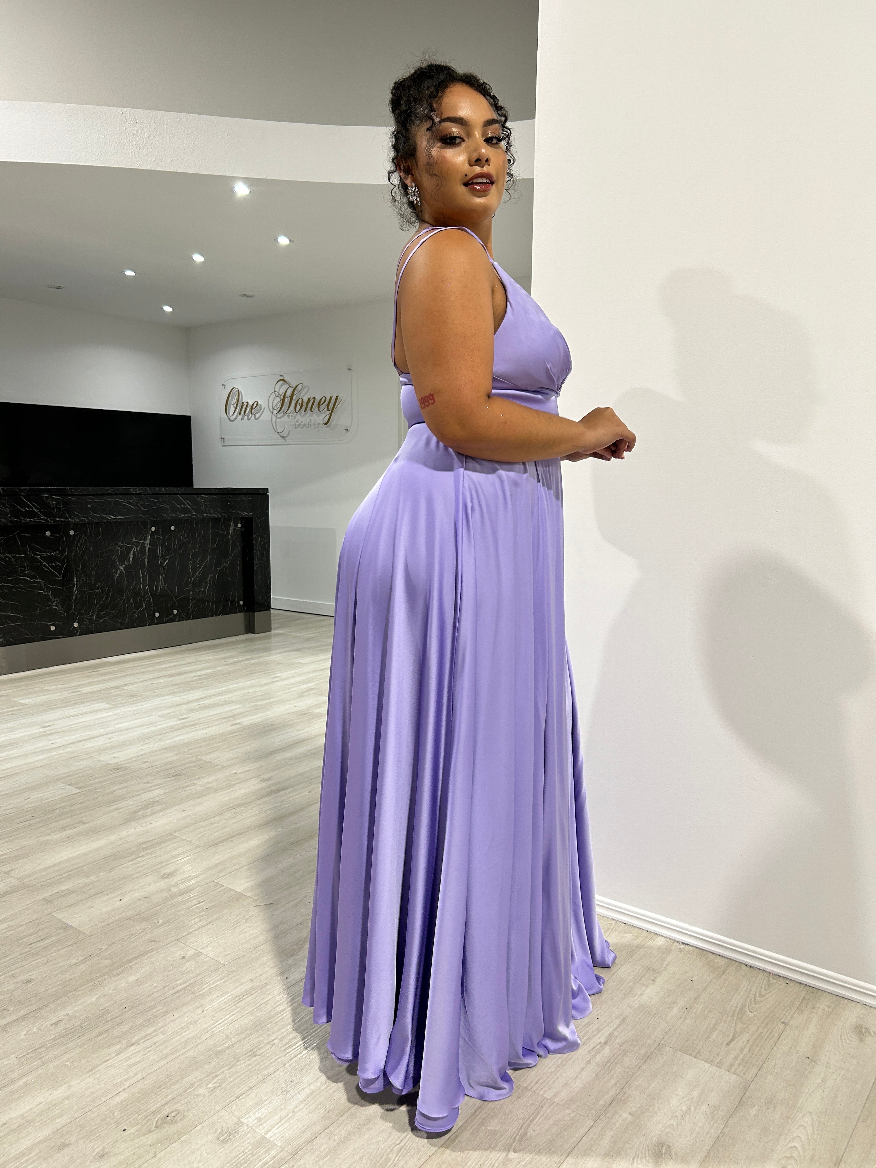 Honey Couture ROSALIA Curve Lavender Silky A Line Formal Dress