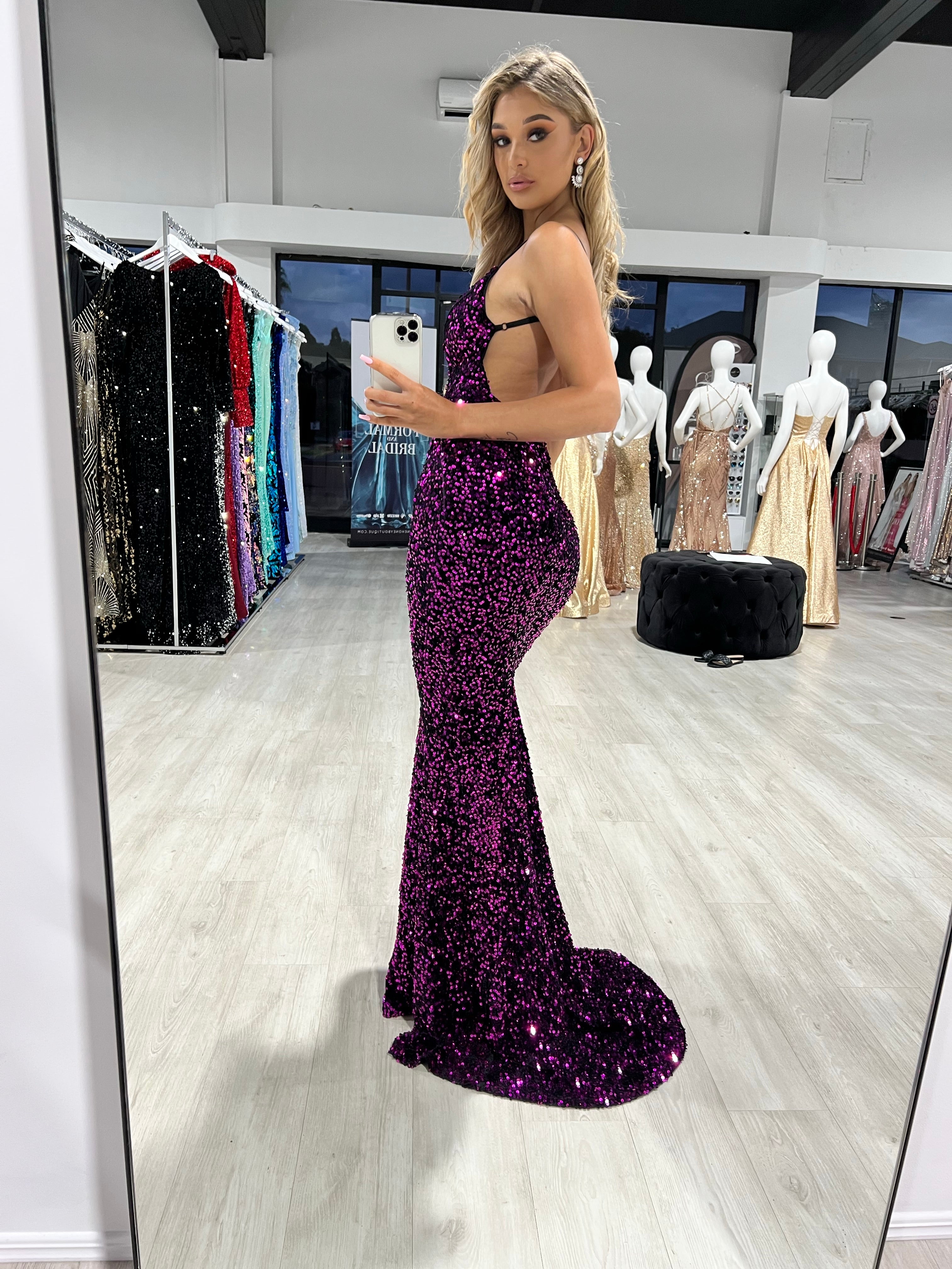 Honey Couture KAYTUM Dark Purple Sequin Mermaid Evening Gown Dress