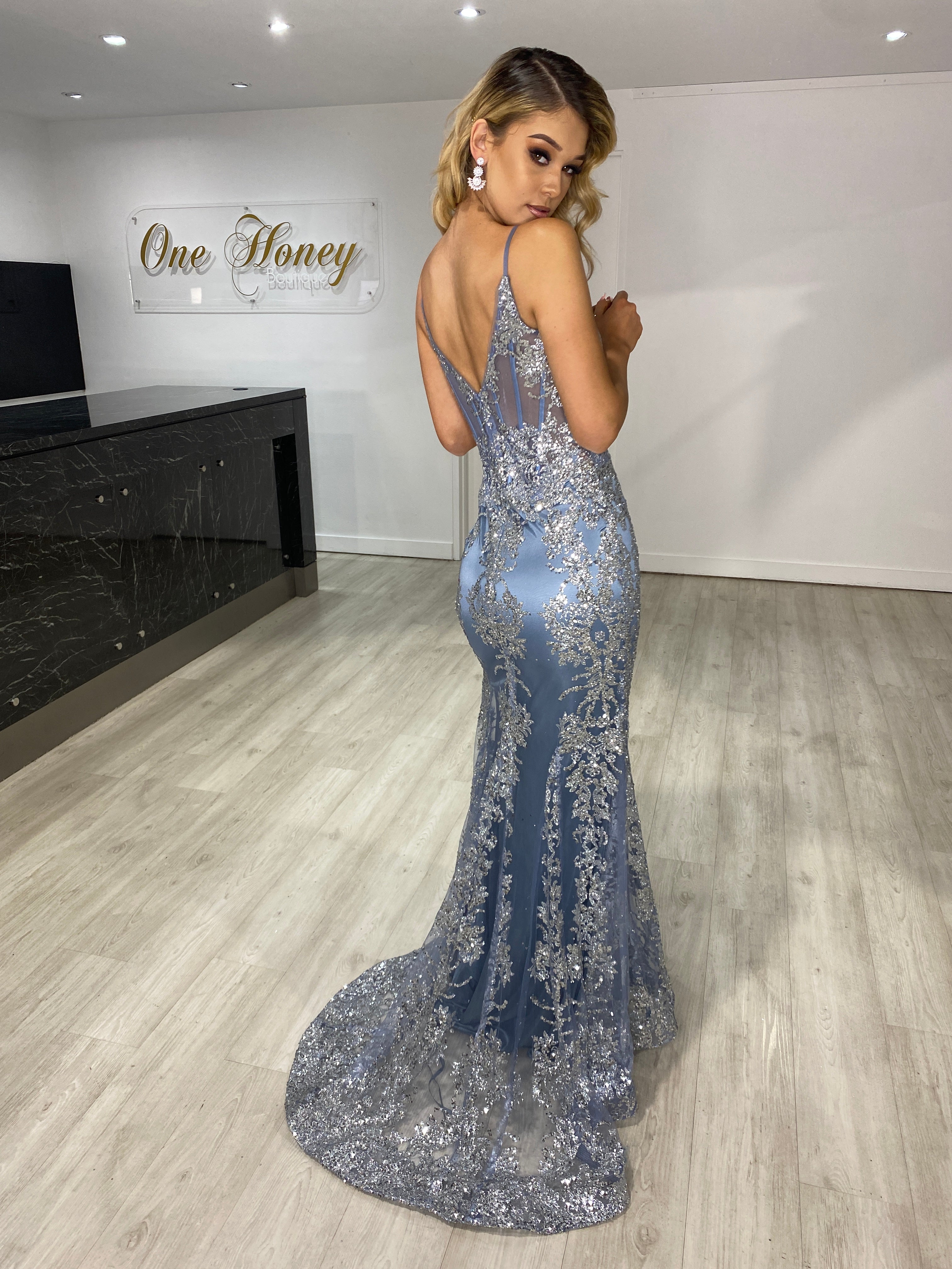 Honey Couture CAROLE Smokey Blue Sequin Corset Mermaid Formal Gown Dre ...