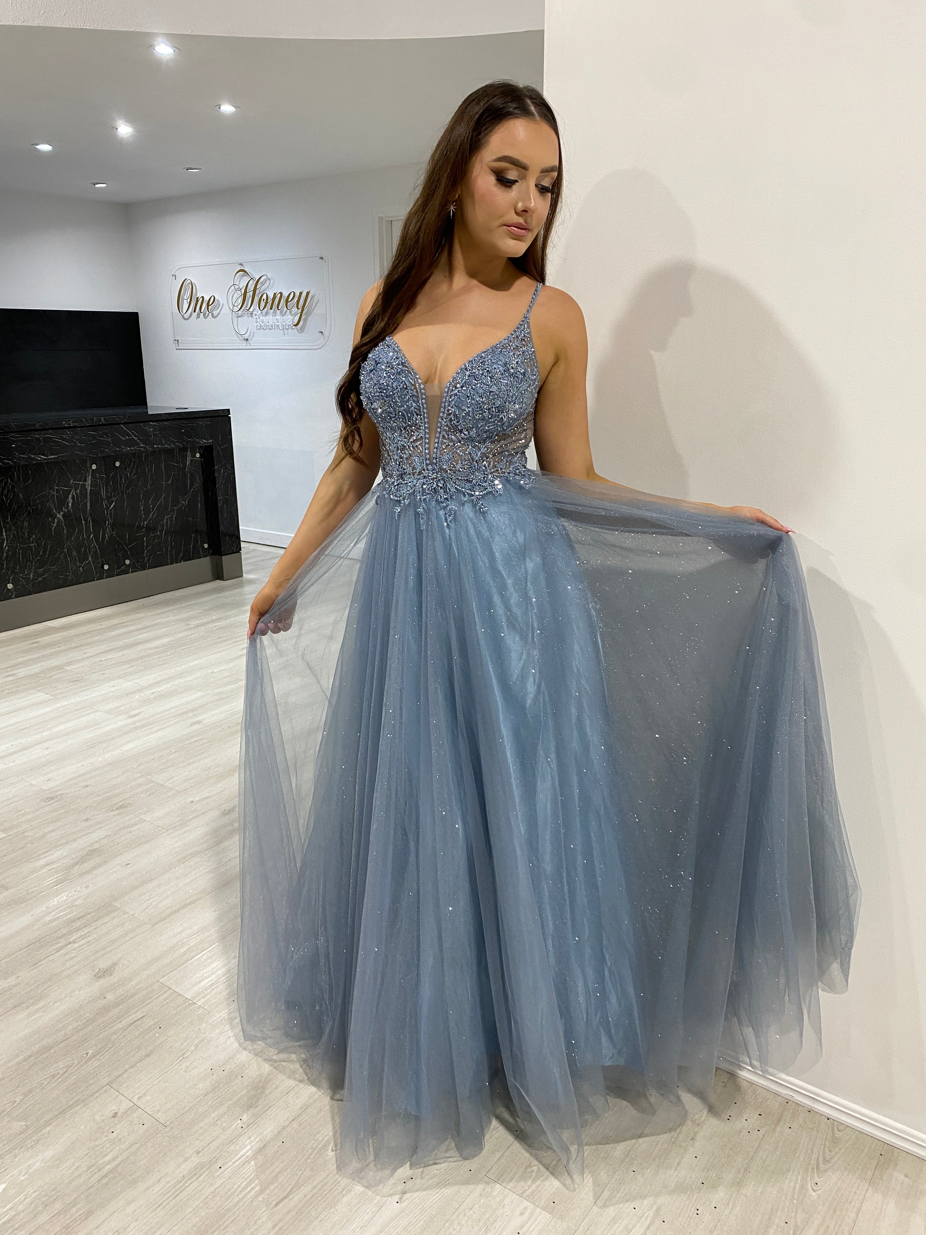 Honey Couture AMORET Smokey Blue Tulle Formal Dress