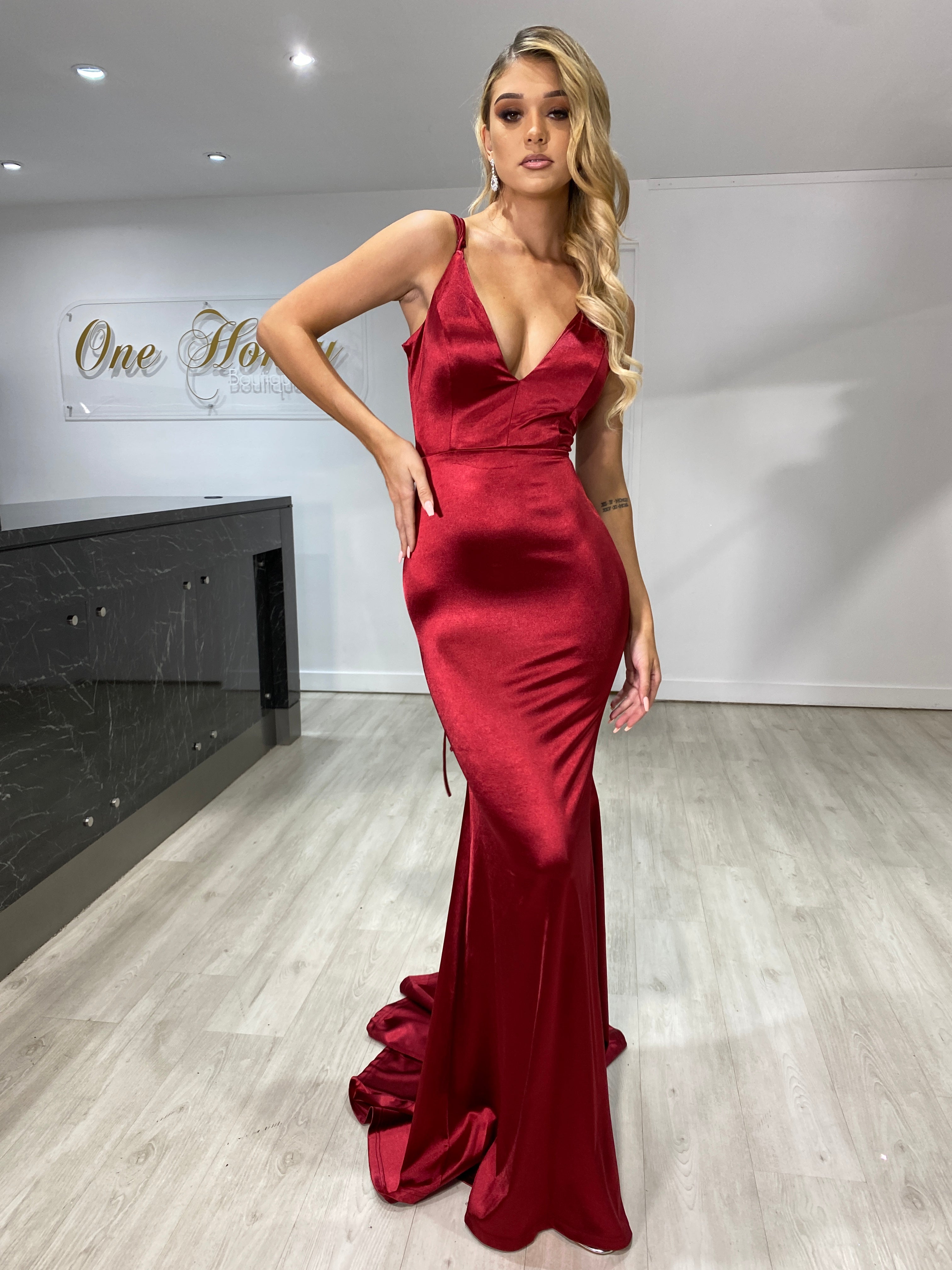 Honey Couture IMOGEN Burgundy Low Back Mermaid Formal Dress