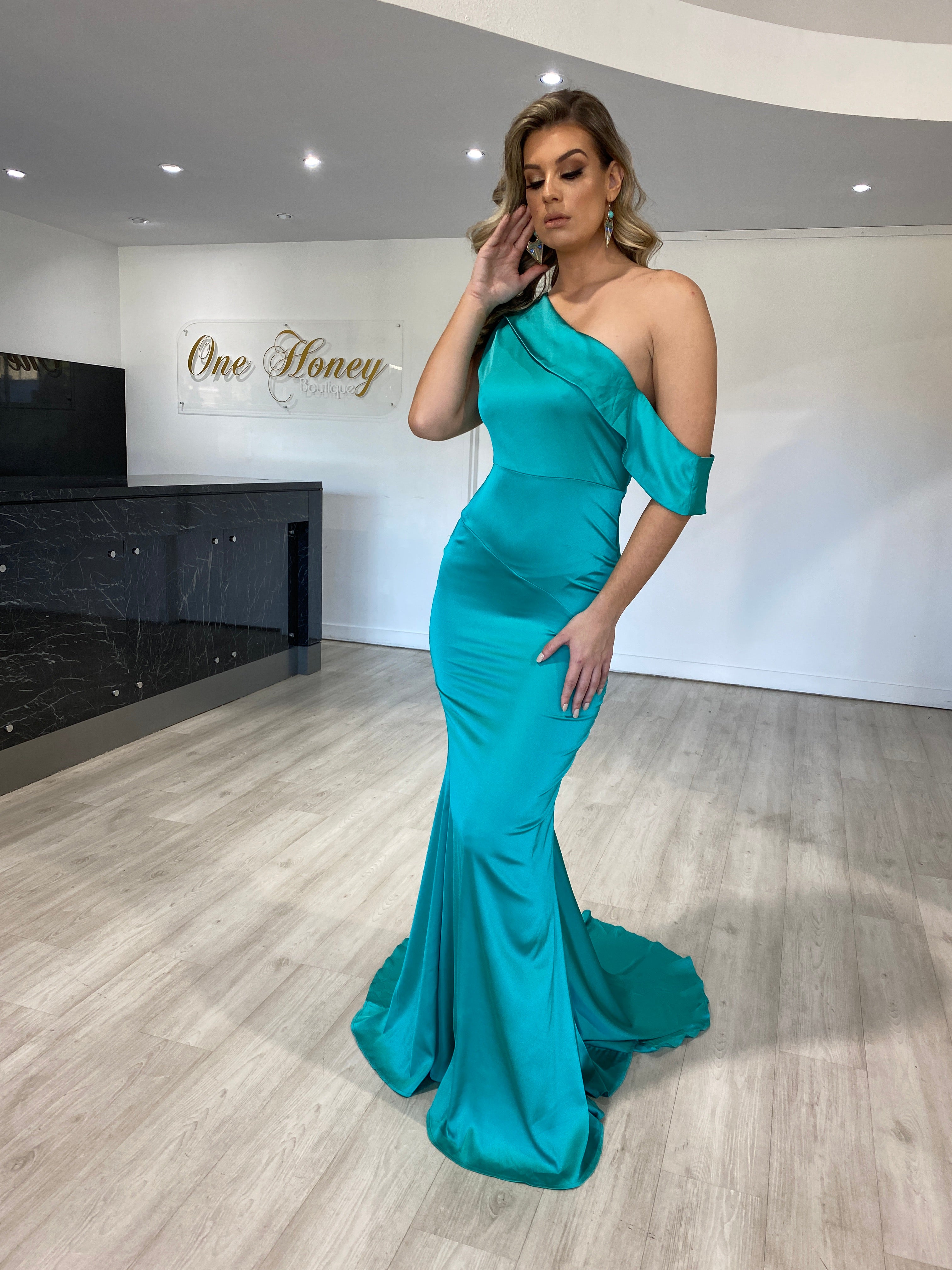 Honey Couture MEL Teal Green One Shoulder Frilly Satin Mermaid Gown