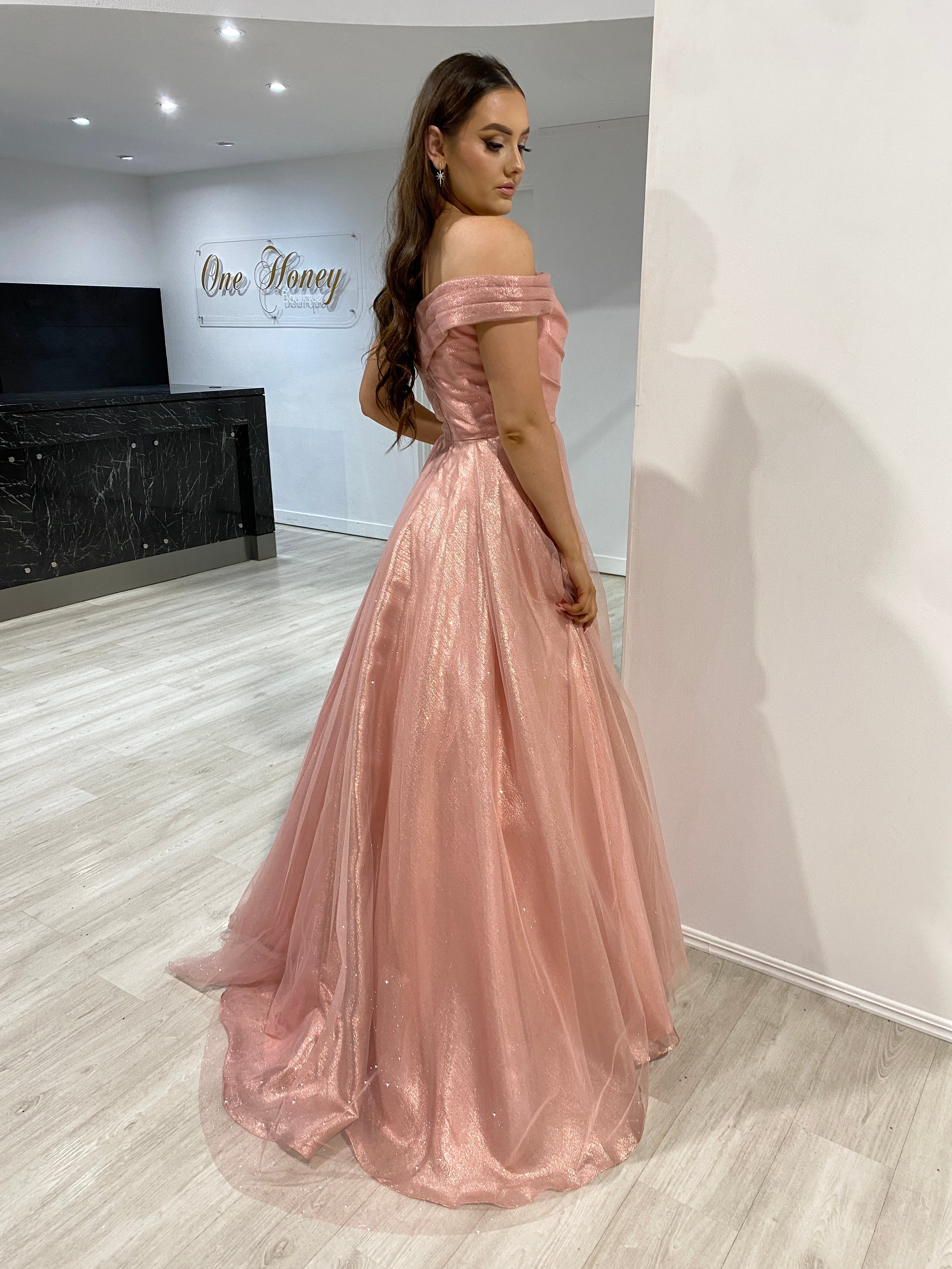 Honey Couture ARIANA Blush Pink Shimmer Ballgown Formal Dress