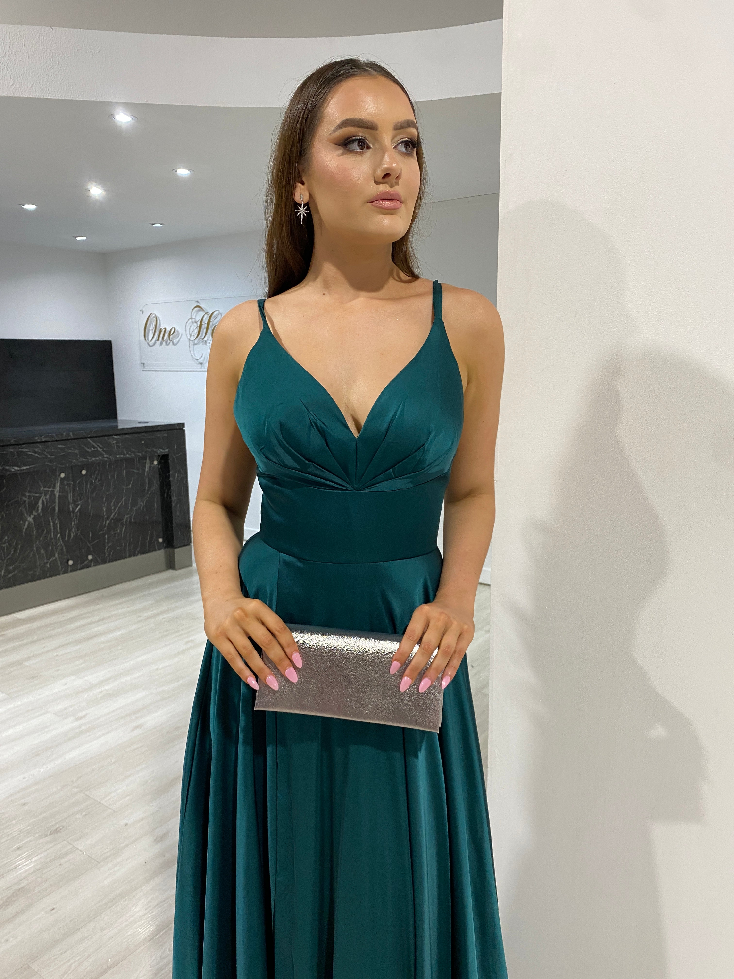 Honey Couture ROSALIA Emerald Green Silky A Line Formal Dress