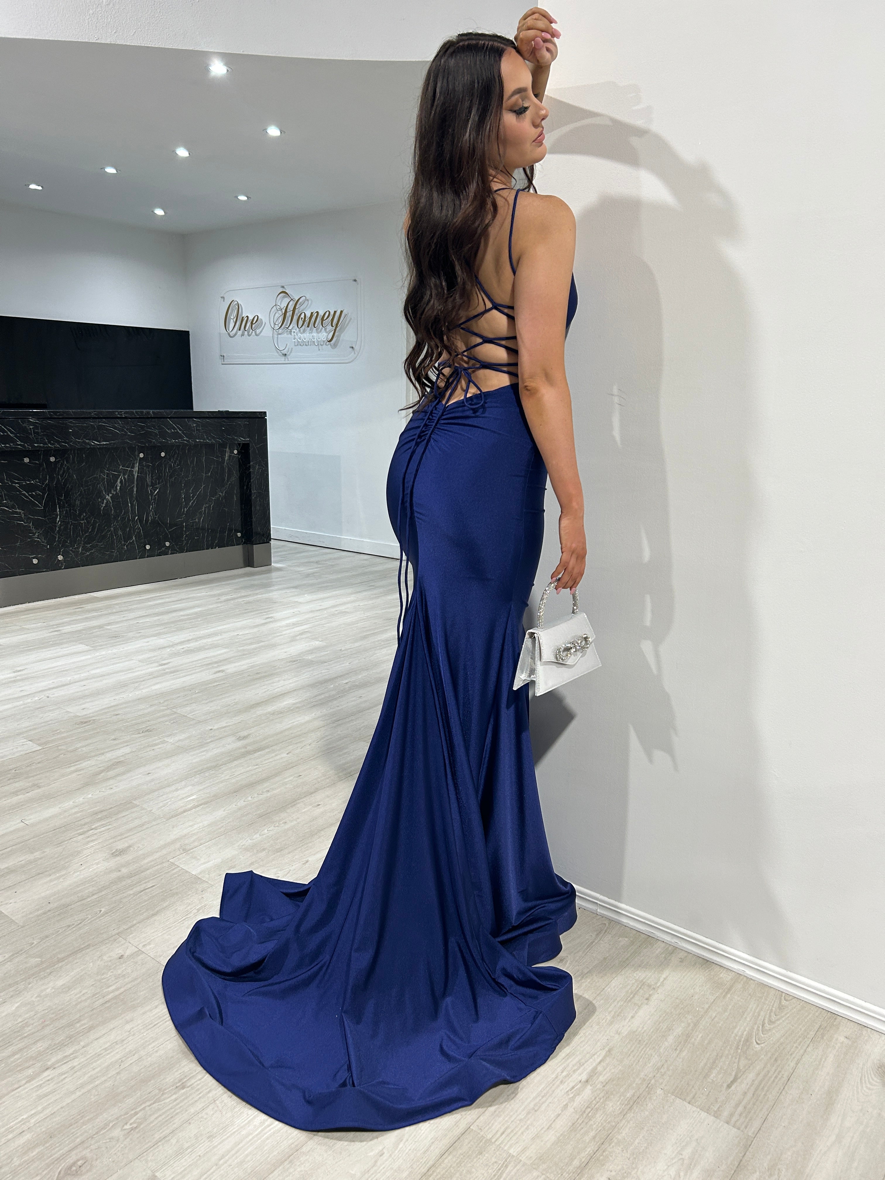 Honey Couture JAYLA Navy Lace Up Back Mermaid Formal Gown