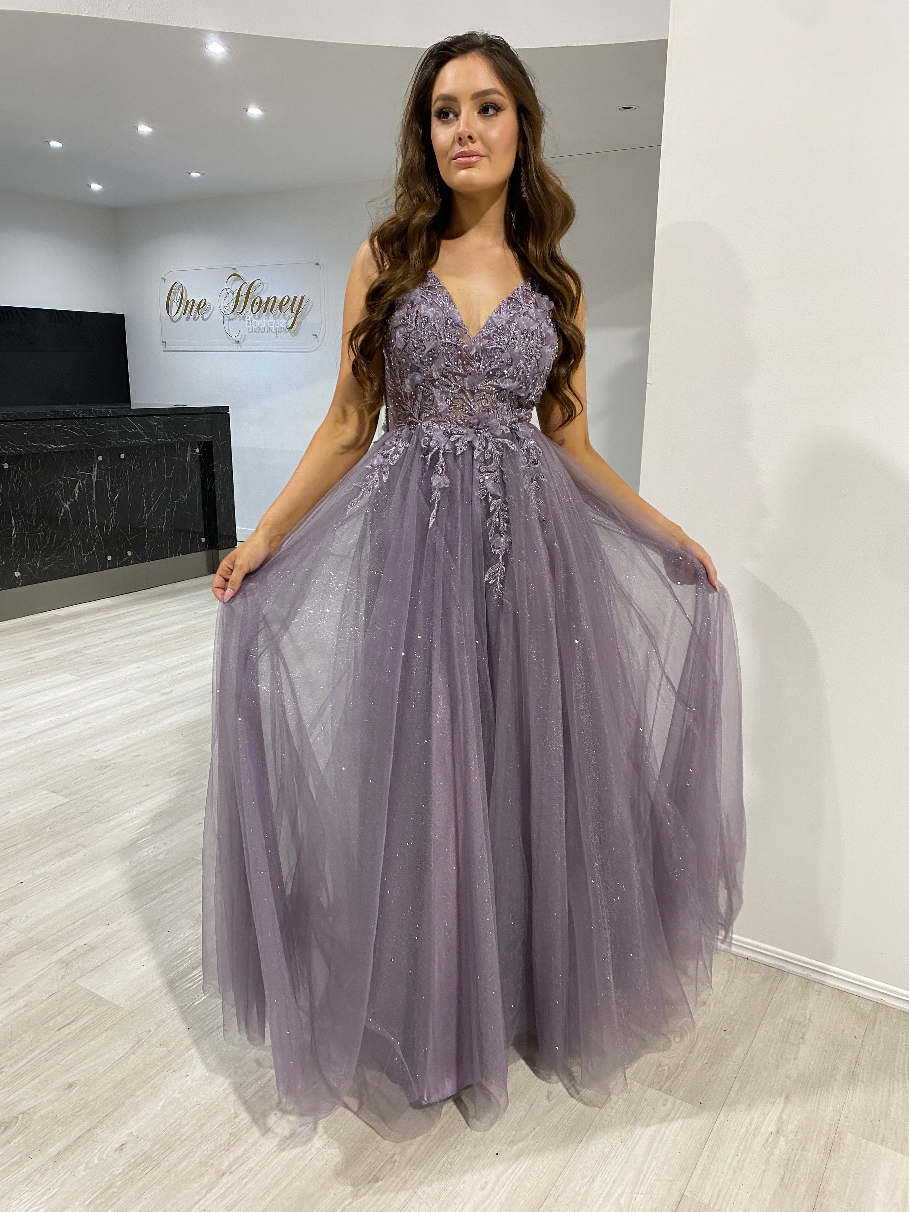 Honey Couture DEMIKA English Violet 3D Flowers Tulle Formal Gown Dress