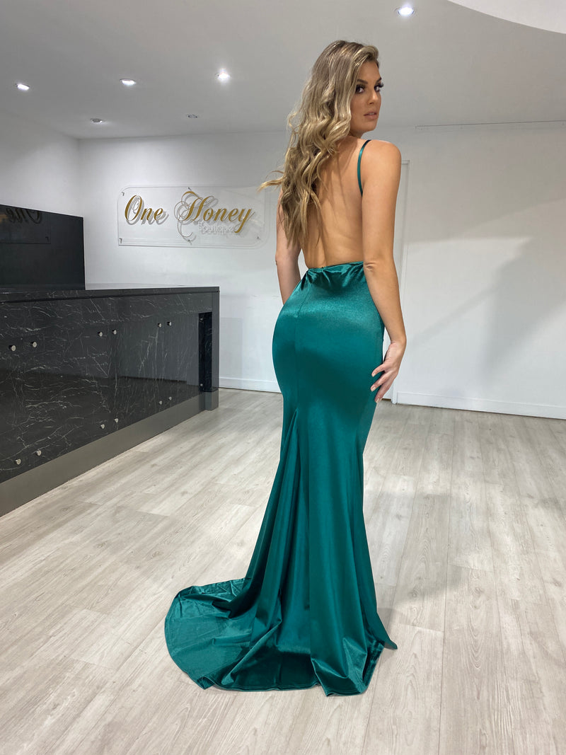 Honey Couture RILEY Emerald Green Low Back Mermaid Evening Gown Dress ...