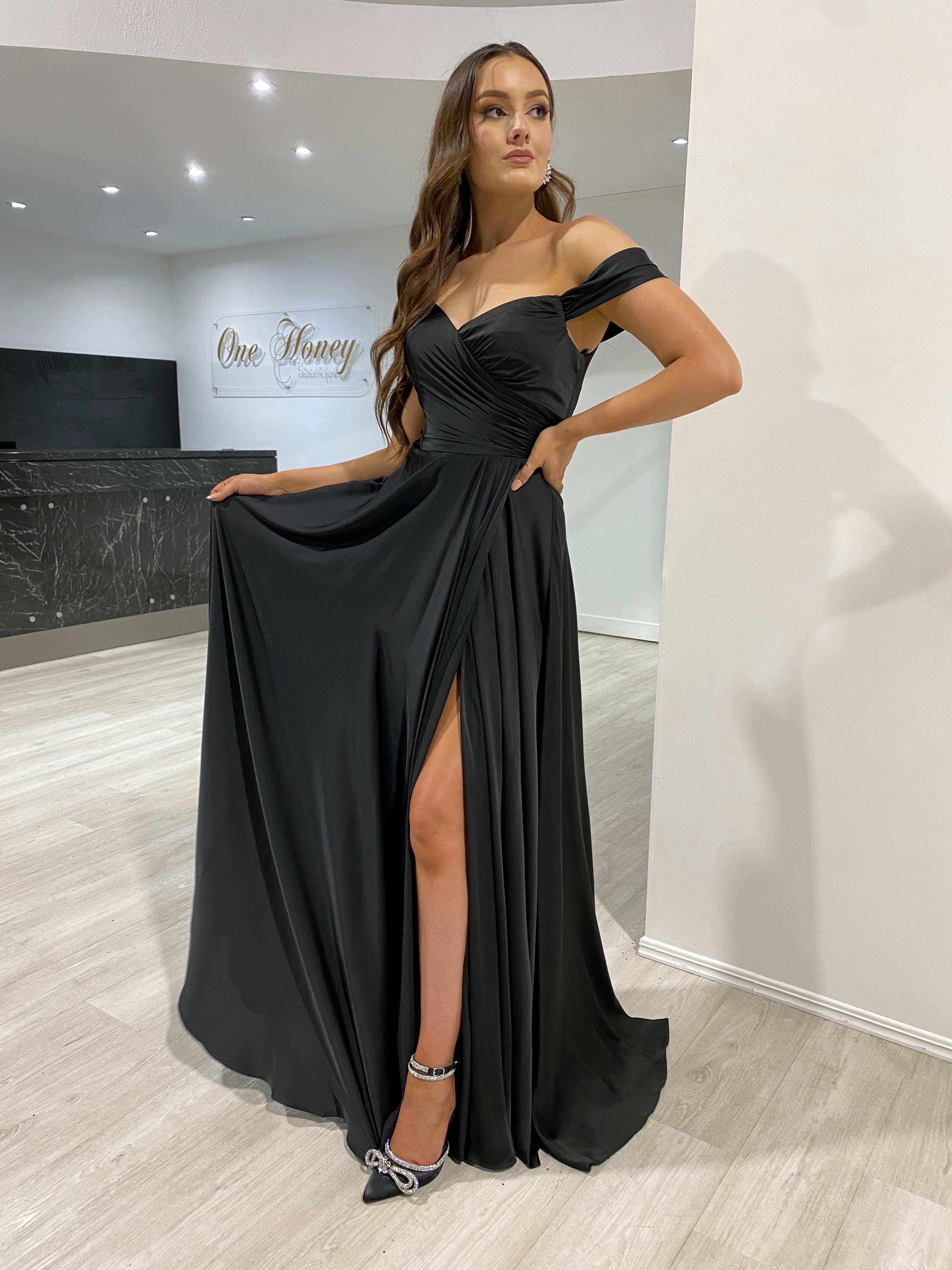 Honey Couture AURA Black Off the Shoulder Silky A Line Bridesmaid Formal Dress