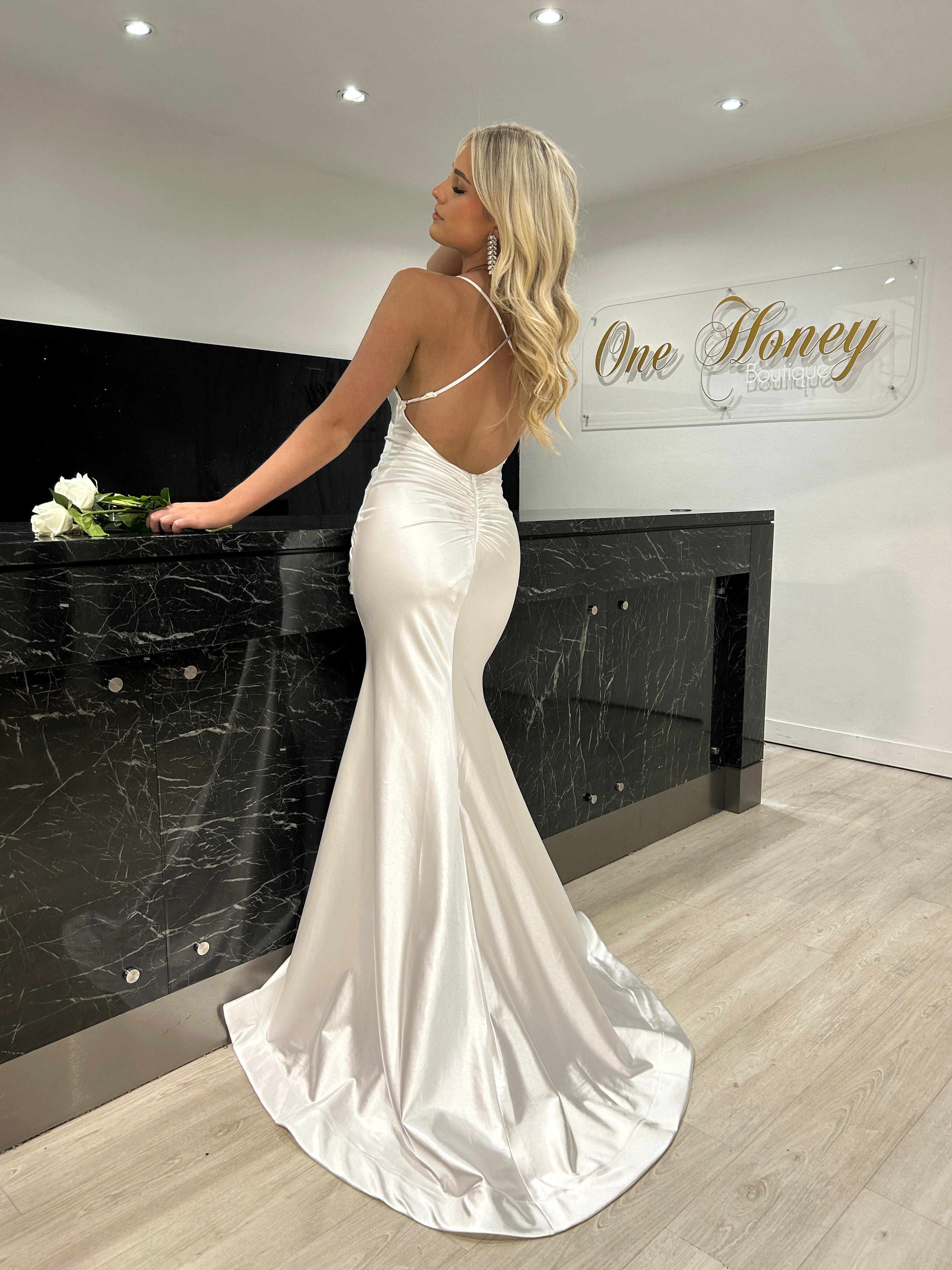 Honey Couture COCO Off White Low Back Bum Ruching Mermaid Formal Dress