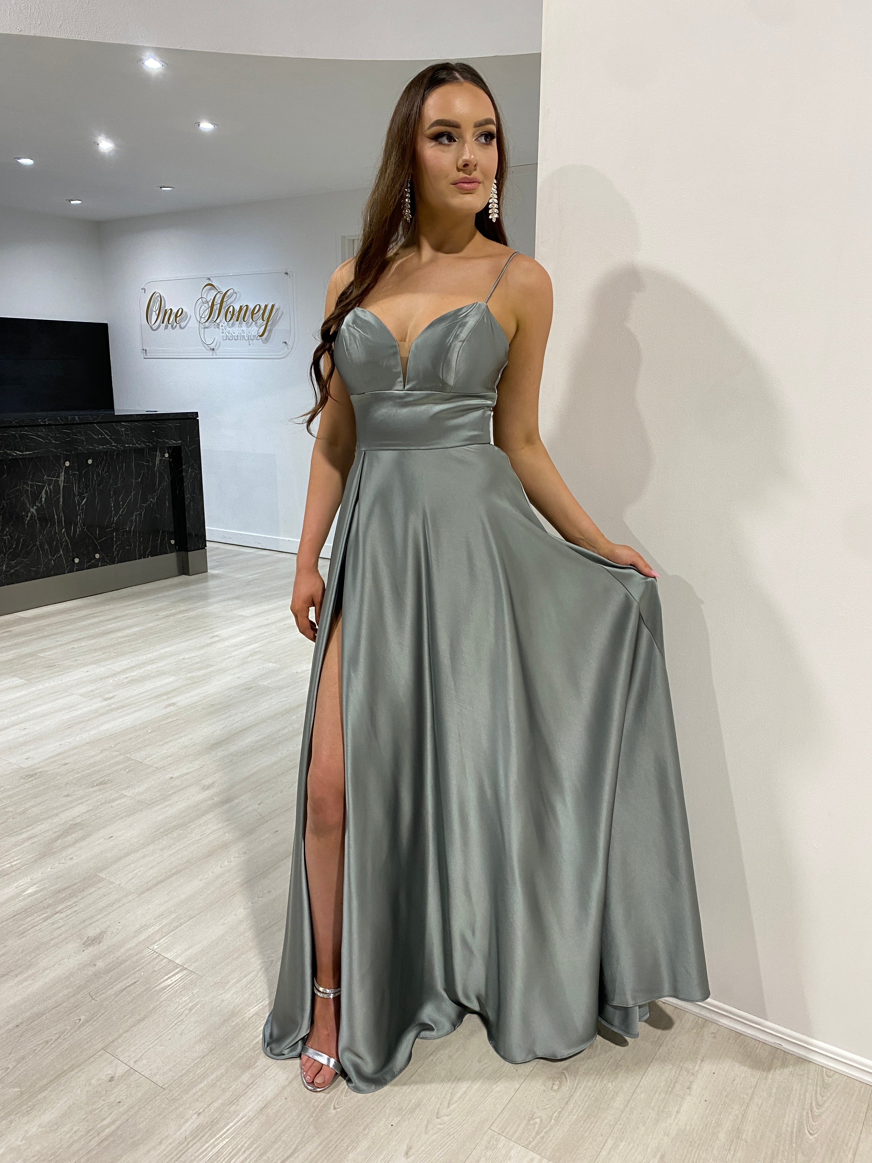 Honey Couture KAY Eucalyptus Blue Green Silky A Line Formal Dress