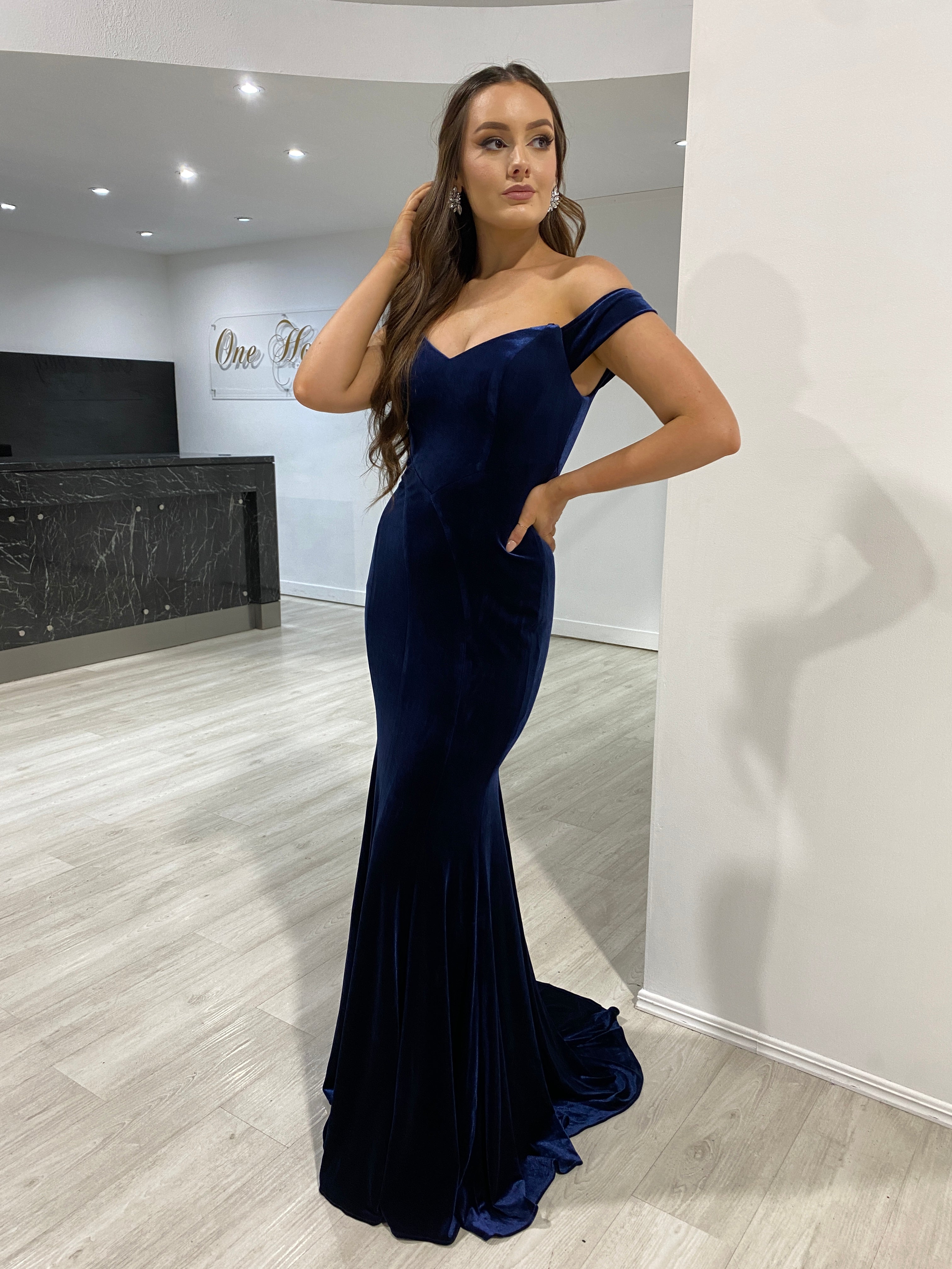 Honey Couture INGRID Navy Off the Shoulder Velour Mermaid Formal Dress