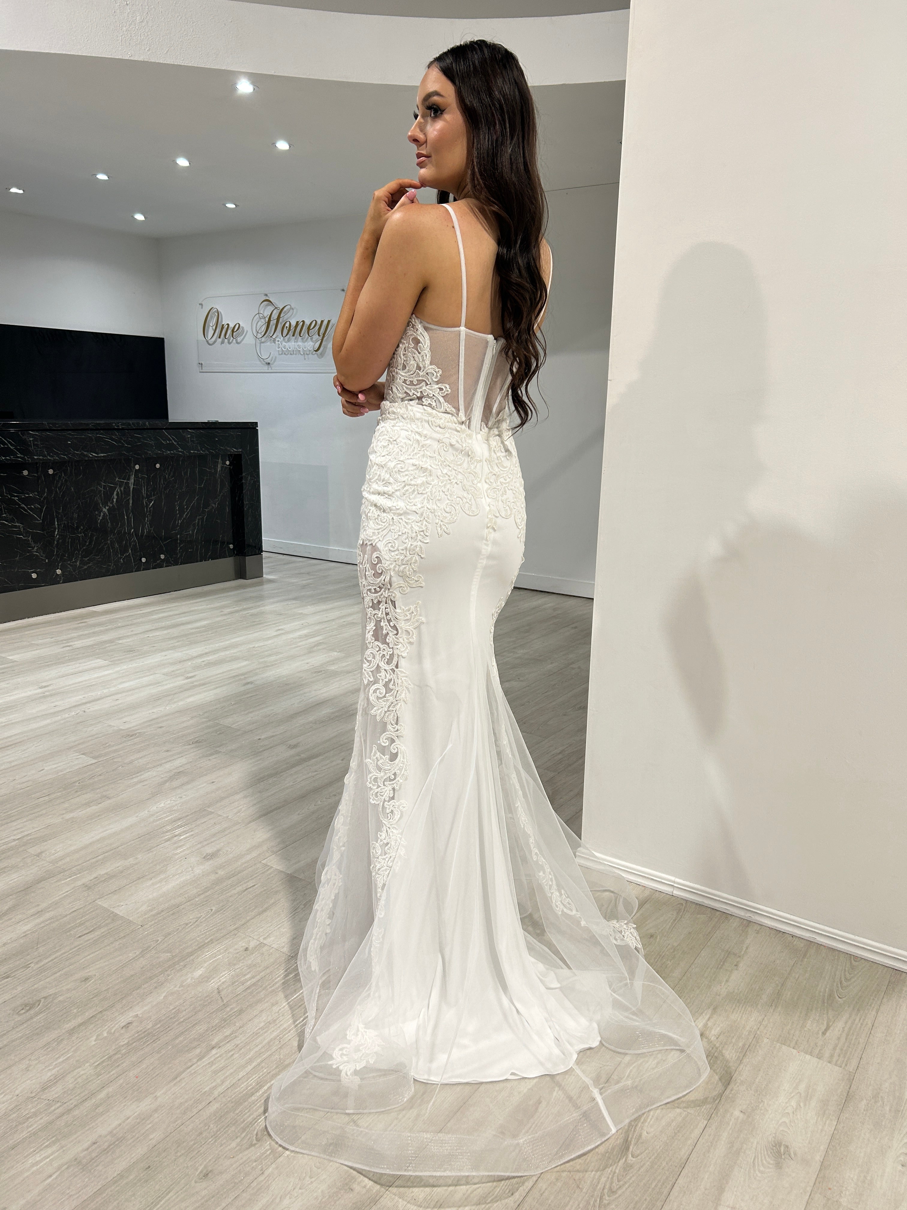 Honey Couture SASKIA Off White Mesh Insert Bridal Mermaid Formal Dress