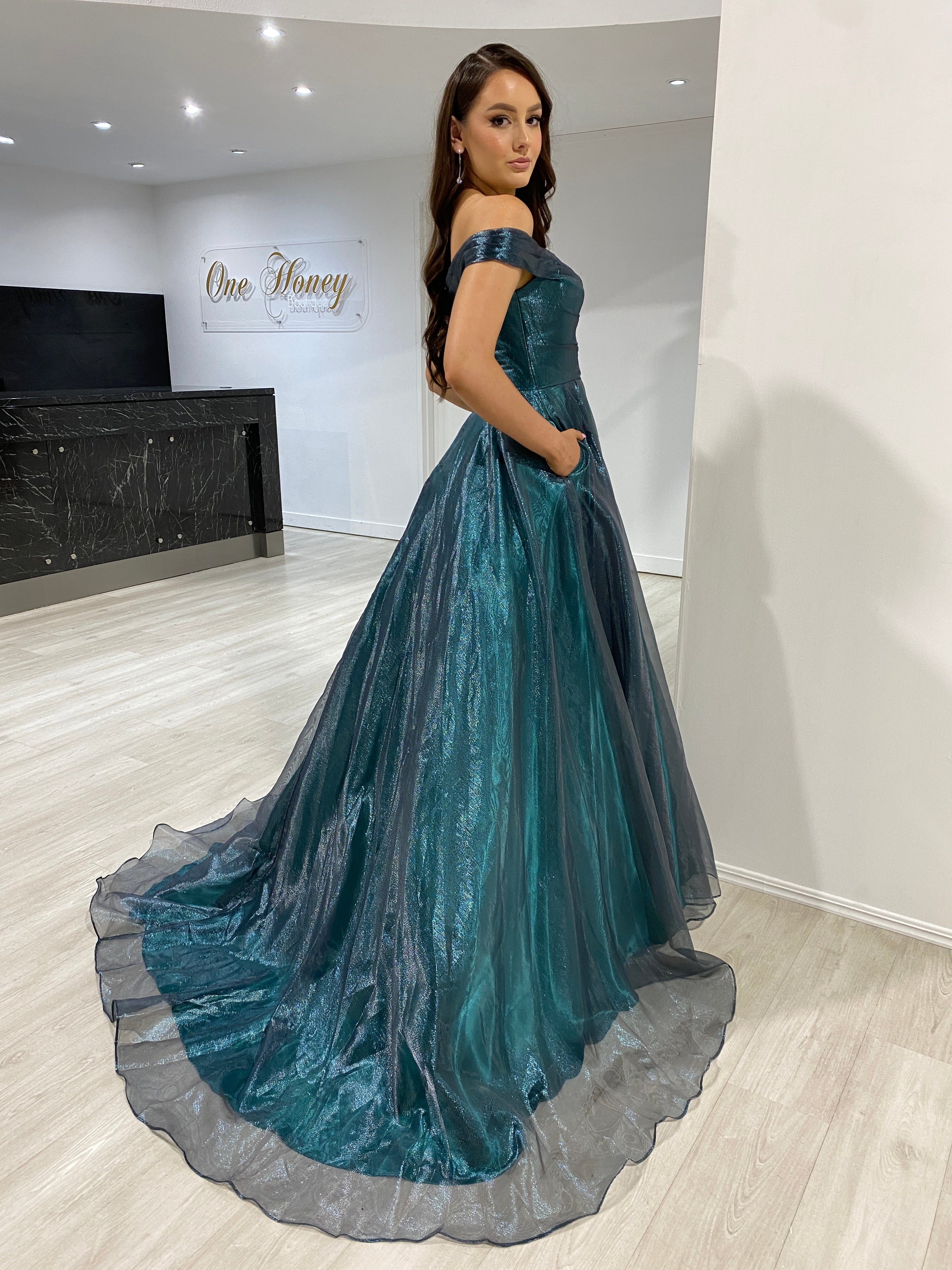 Honey Couture SARIA Emerald Green Shimmer Ballgown Formal Dress