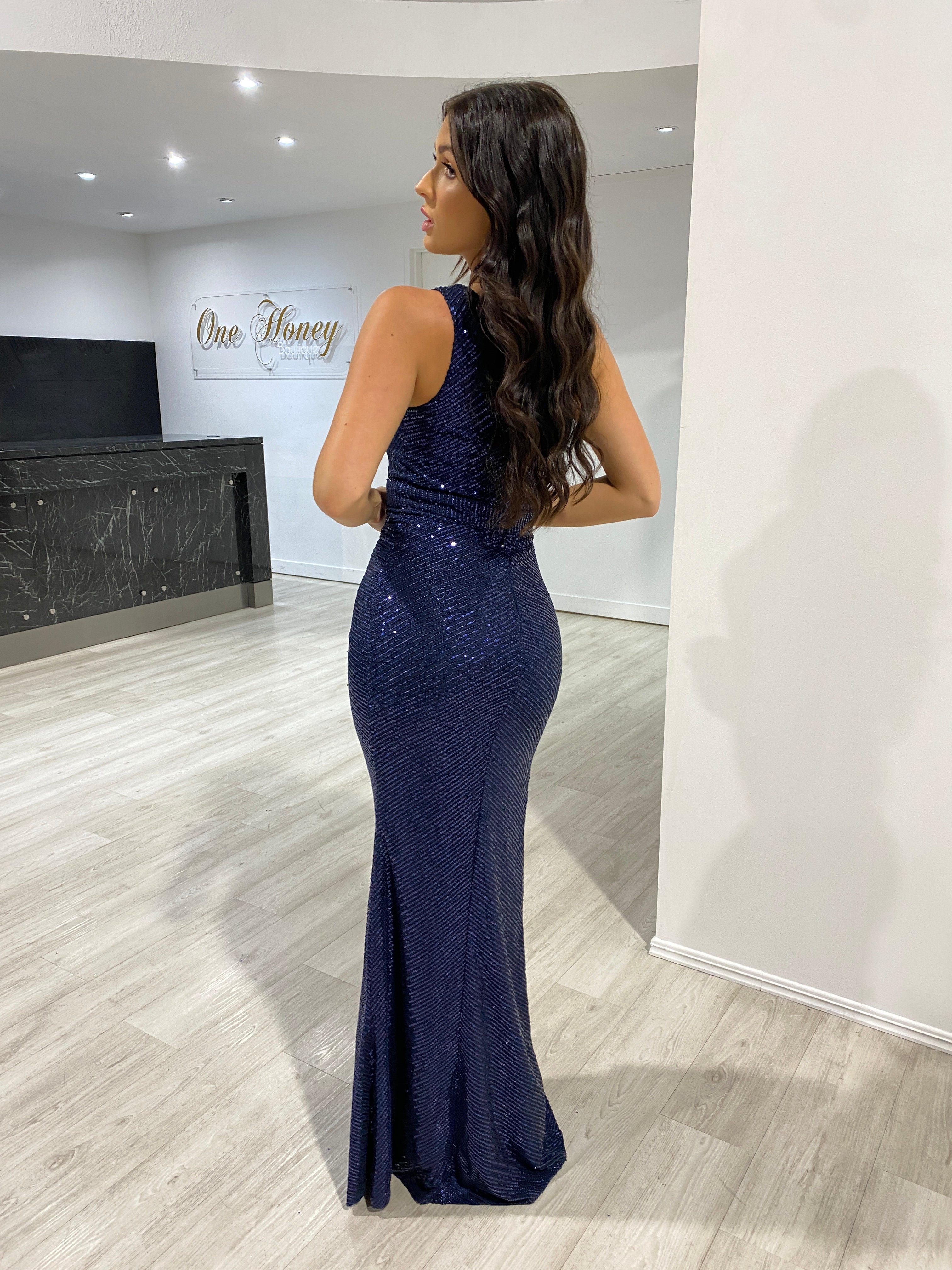 Honey Couture ALEXA Navy Blue One Shoulder Cut Out Formal Dress