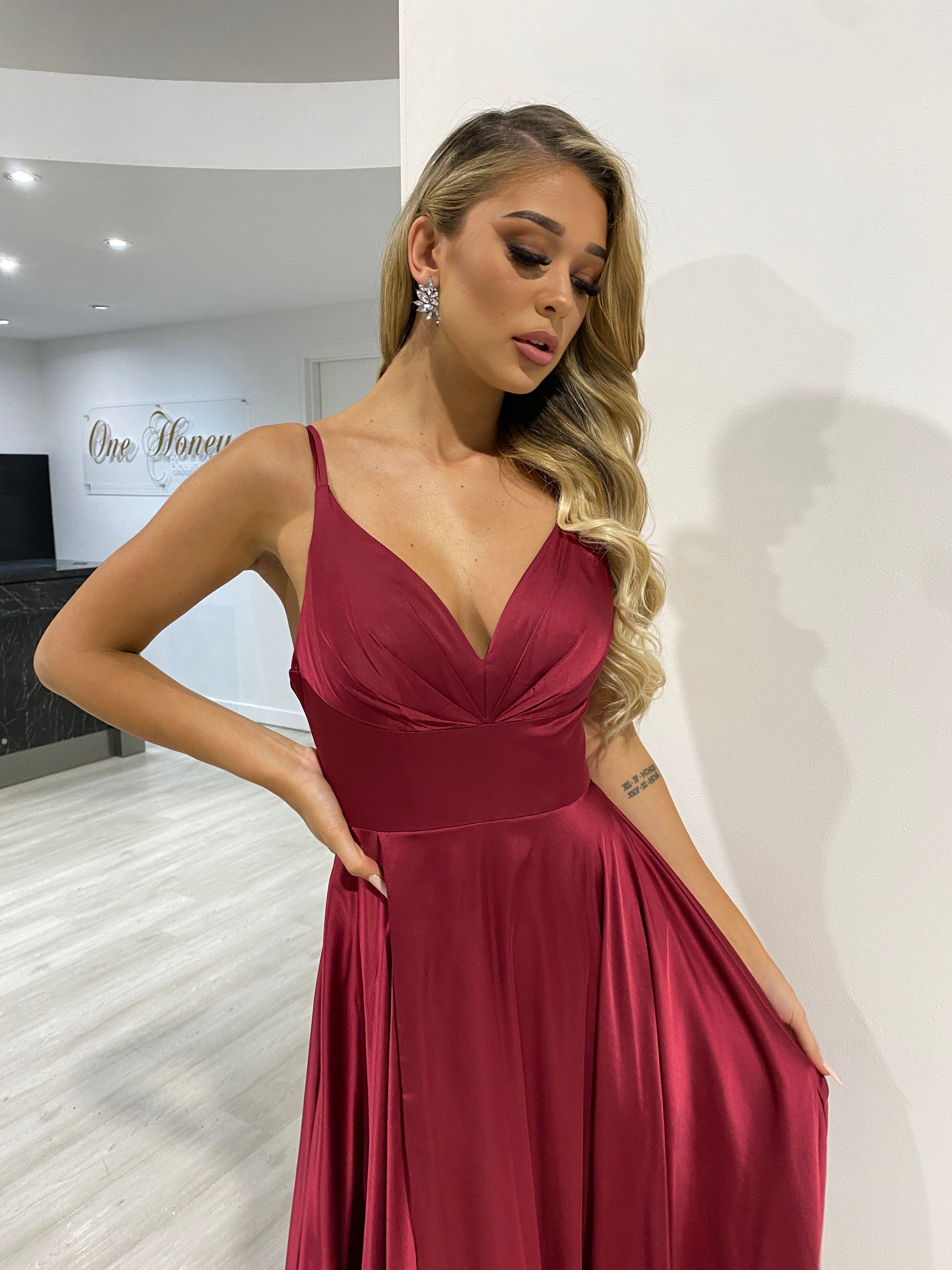 Honey Couture ROSALIA Burgundy Silky A Line Formal Dress