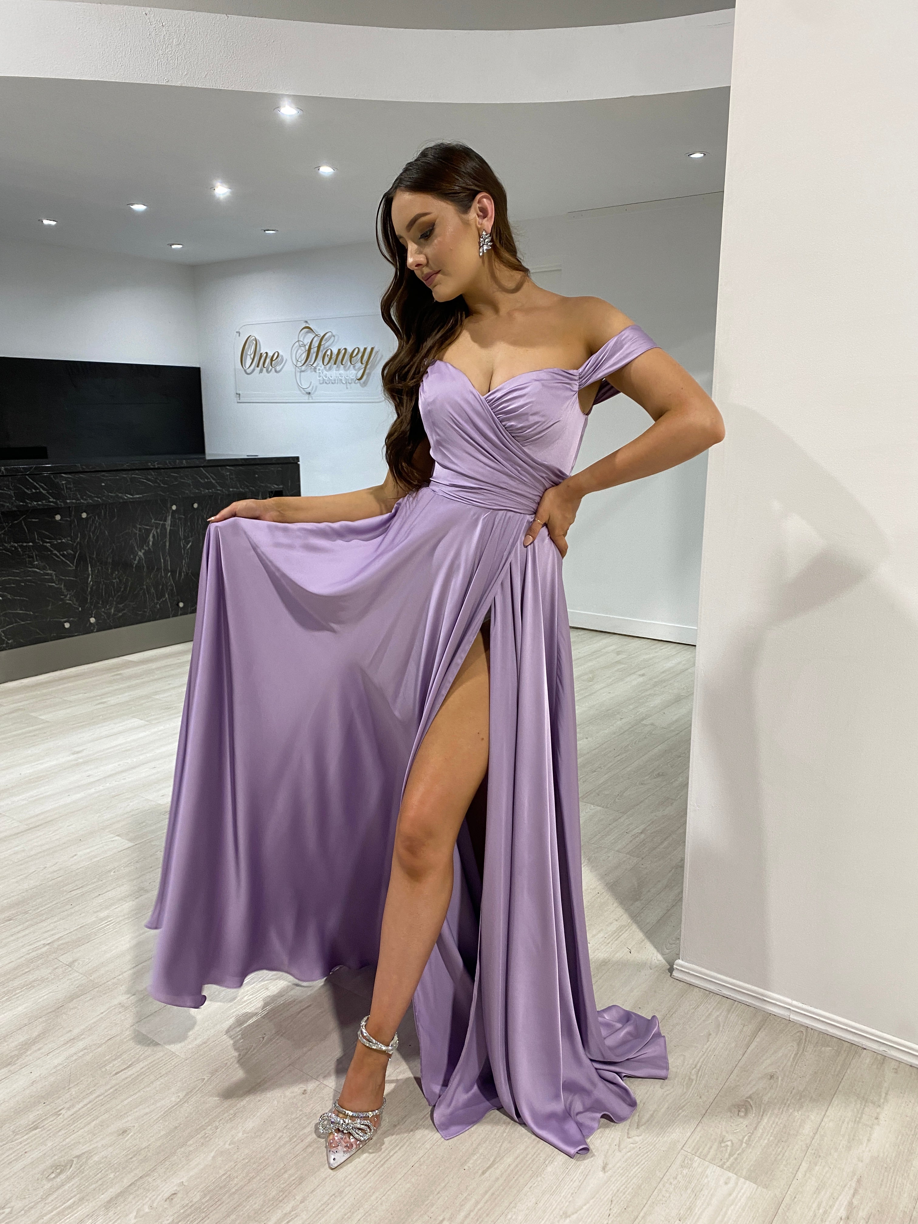 Honey Couture AURA Lavender Off the Shoulder Silky A Line Bridesmaid Formal Dress