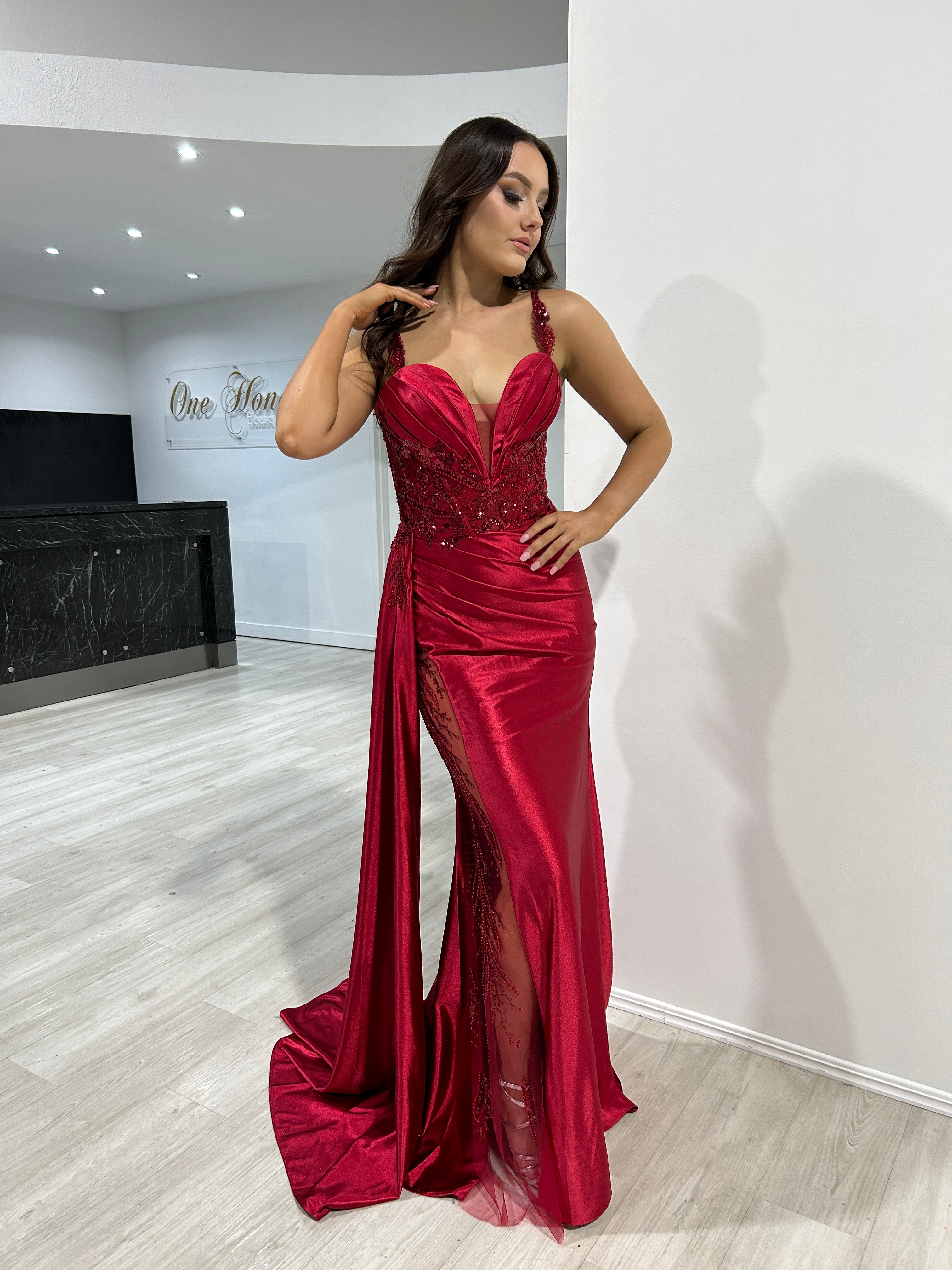 Honey Couture ANTONIA Burgundy Embellished Corset Satin Mermaid Formal Dress