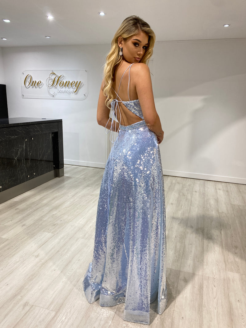 Honey Couture LAURA Baby Blue Sequin Corset Back Ballgown Formal Dress ...