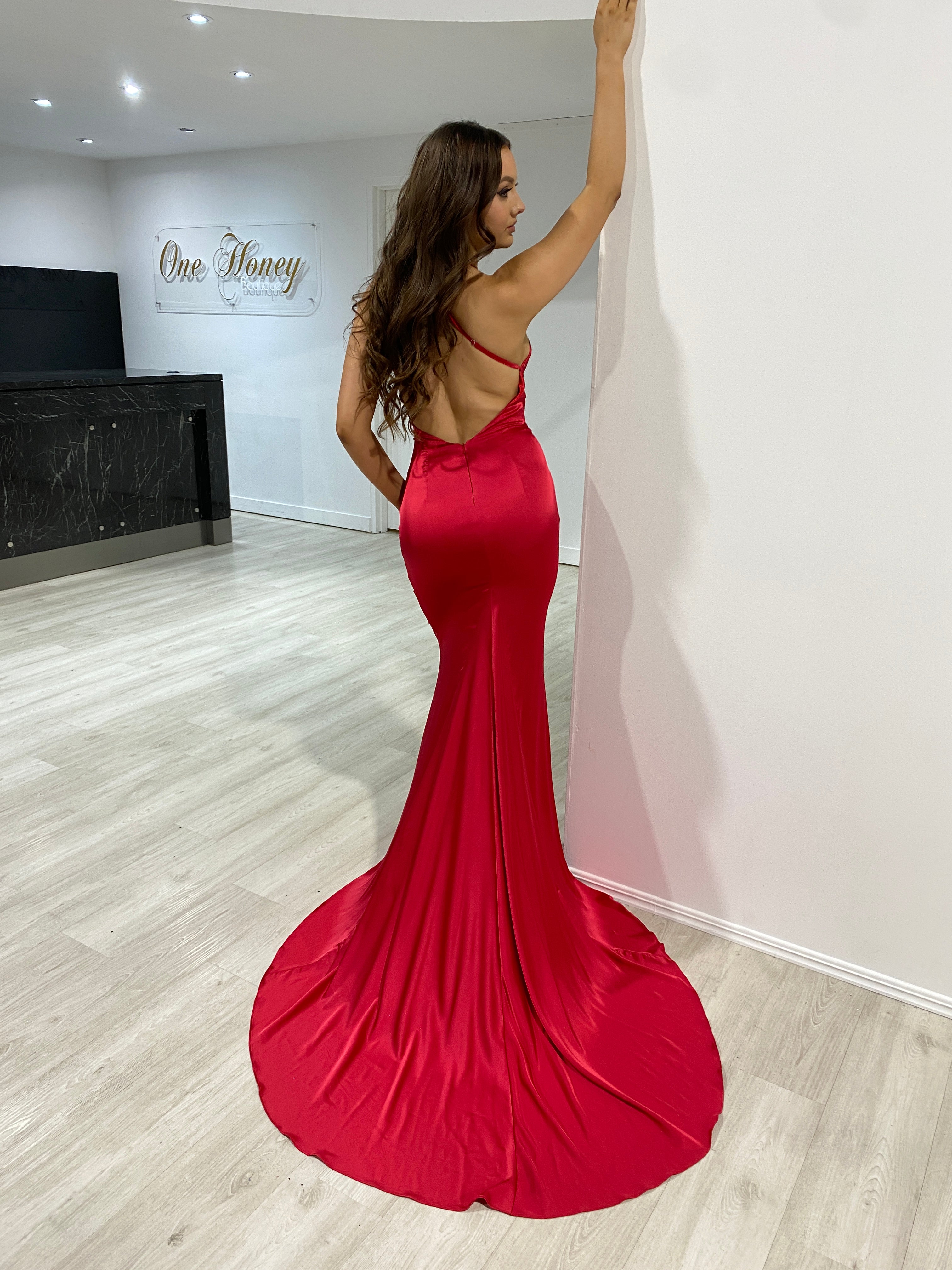 Honey Couture HAZEL Red Low Back Bum Ruched Mermaid Formal Dress