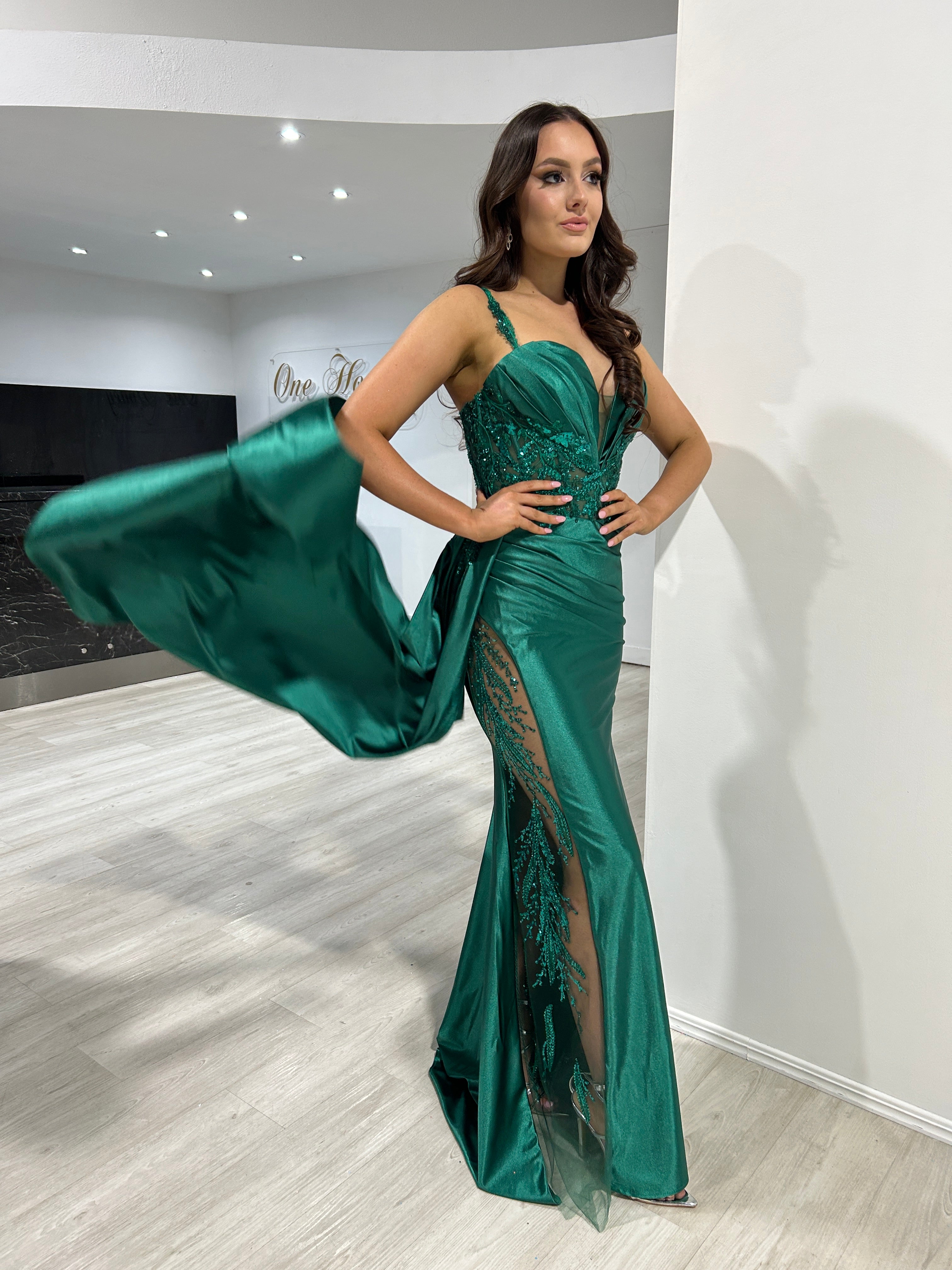 Honey Couture ANTONIA Emerald Embellished Corset Satin Mermaid Formal Dress