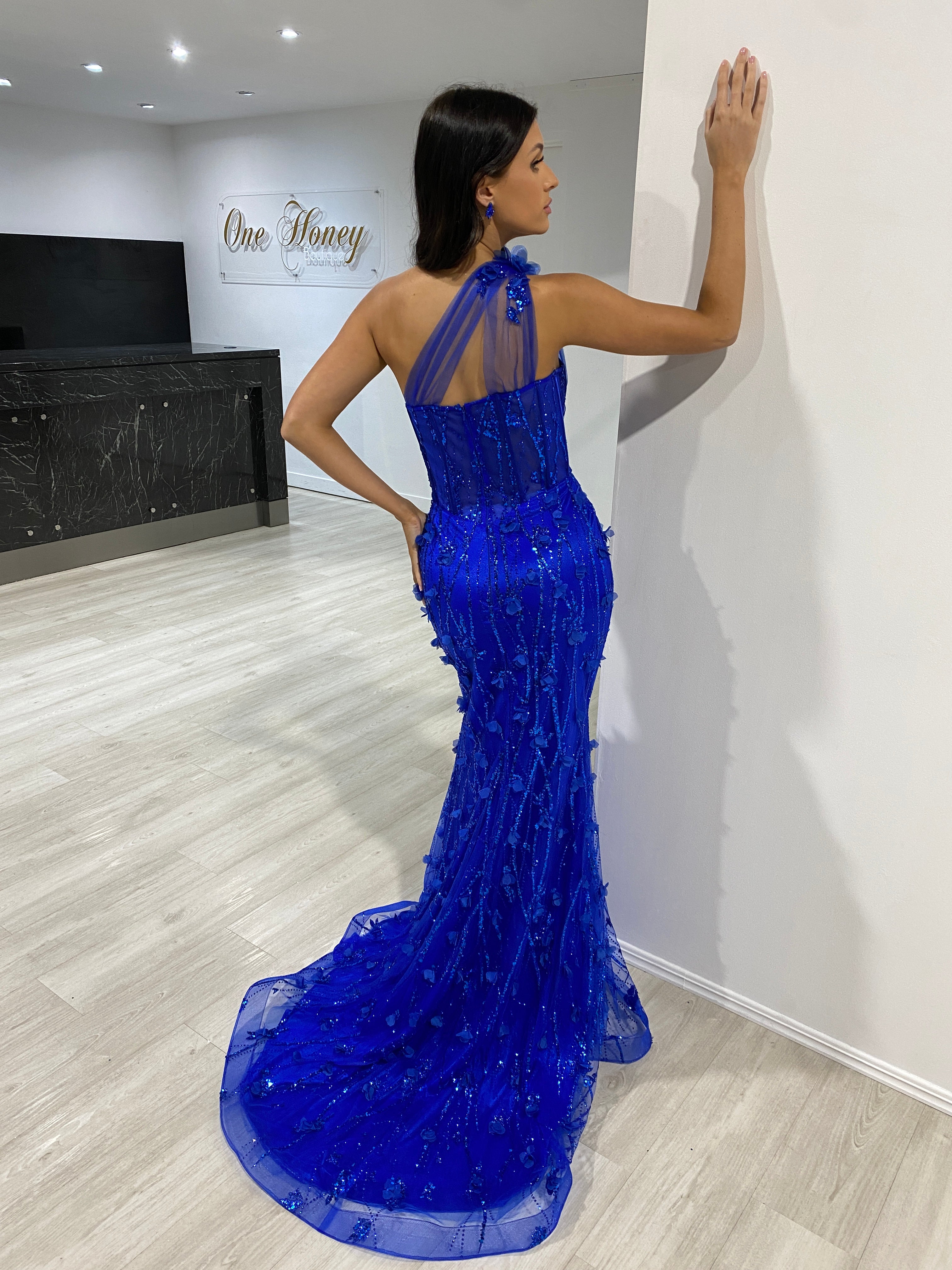 Honey Couture AMINA Royal Blue One Shoulder Glitter Mermaid Formal Dress