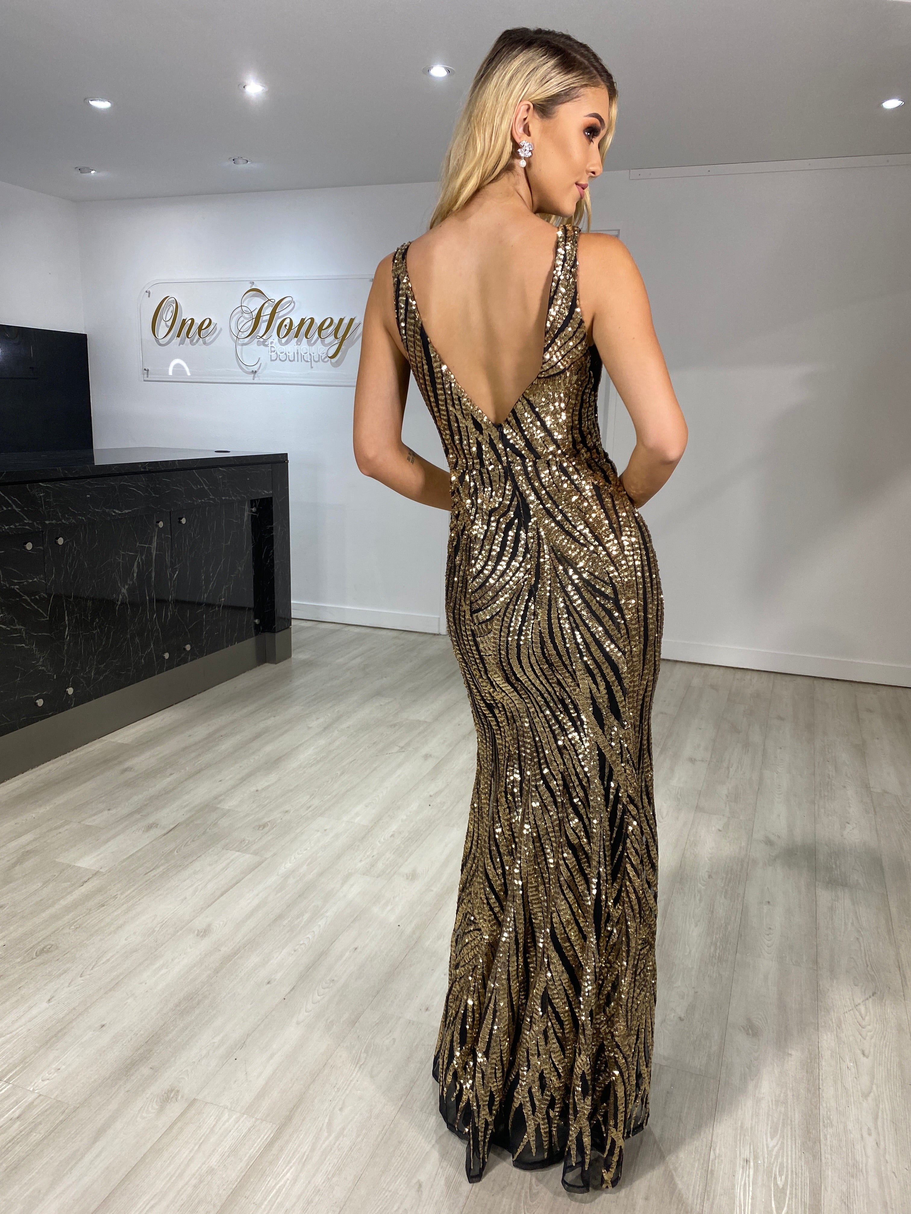 Honey Couture YASMIN Black & Gold Sequin Formal Gown