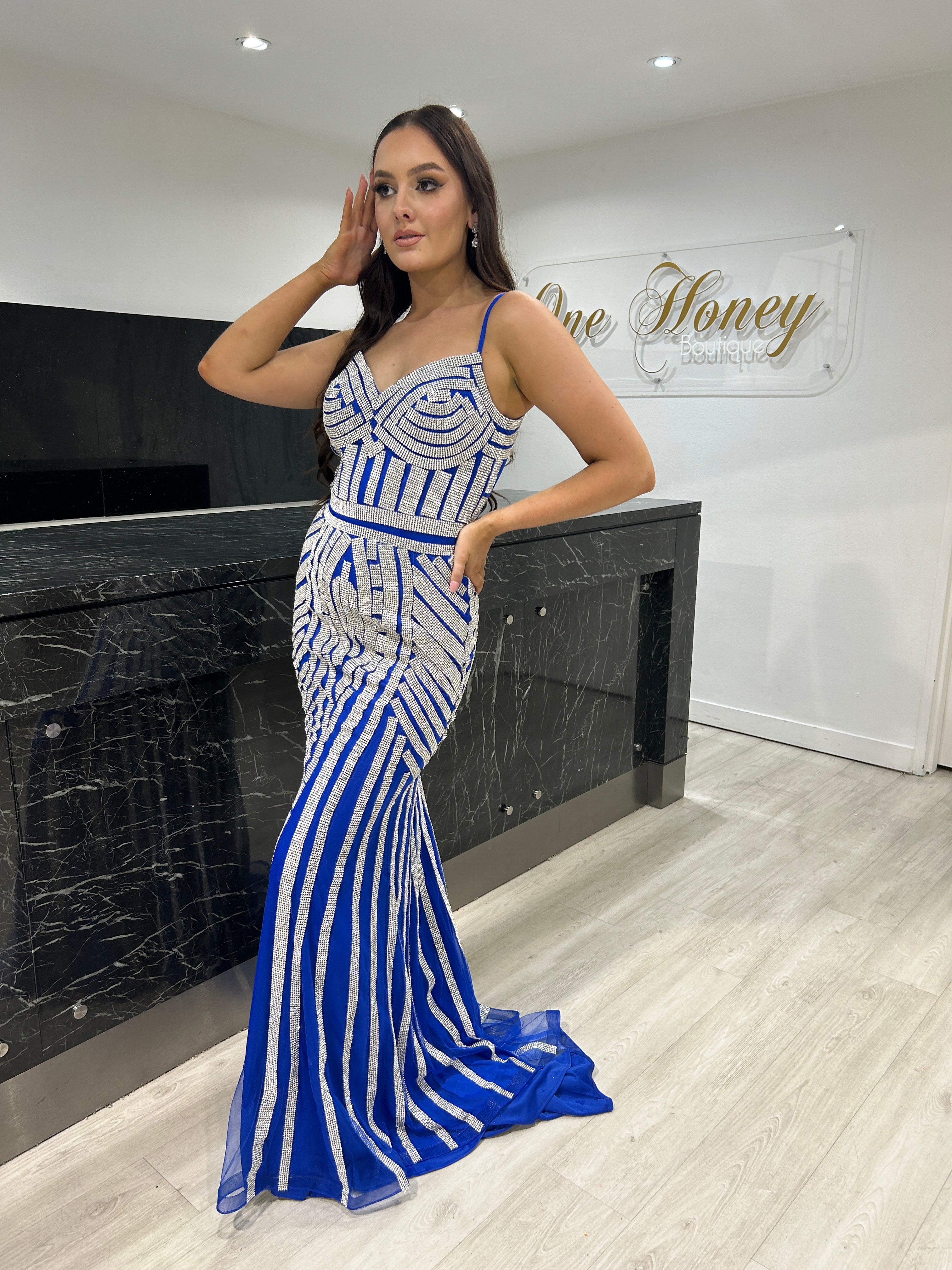 Honey Couture DIAMONDS Blue w Silver Sequin Mermaid Formal Gown Dress