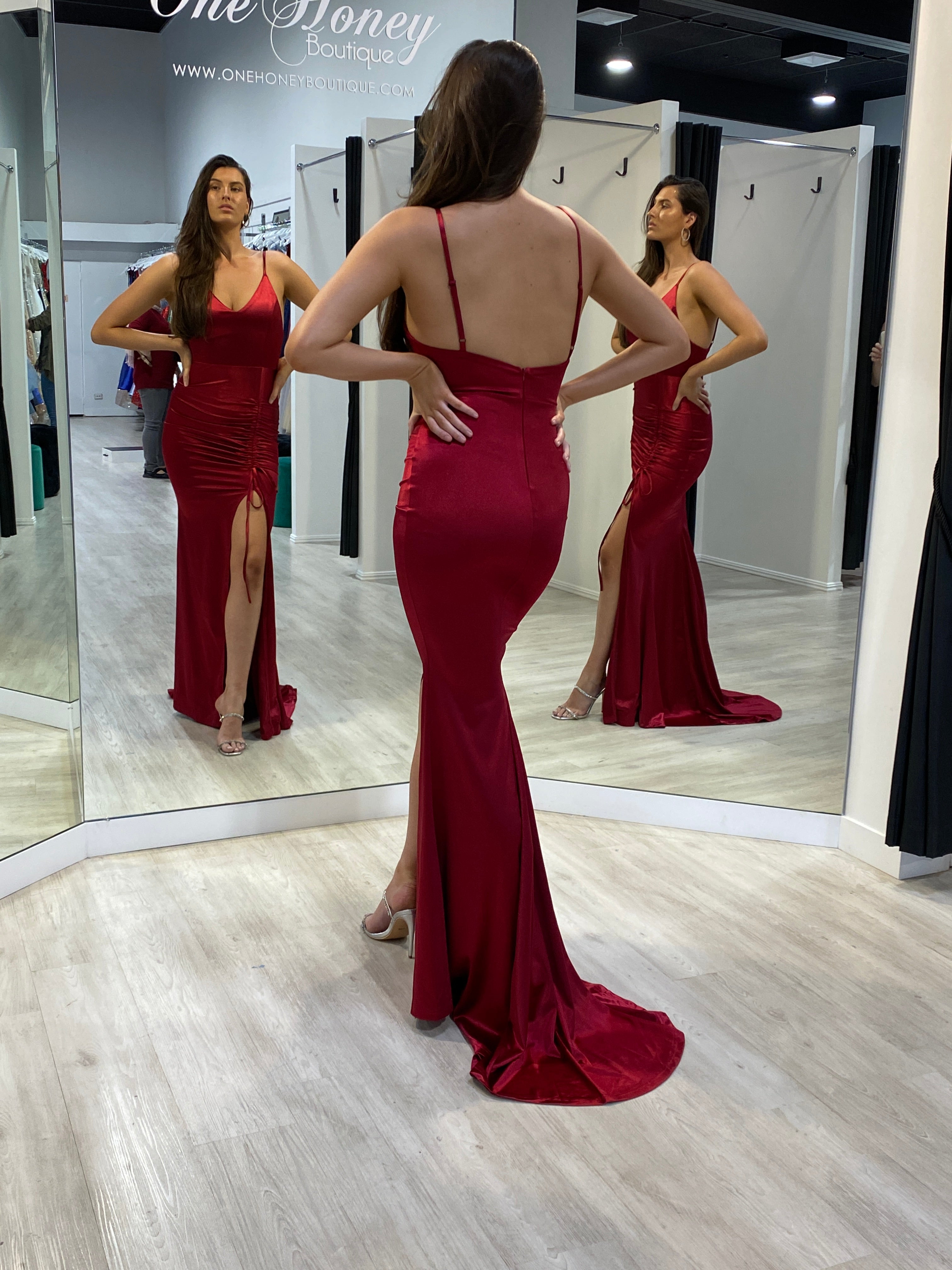 Honey Couture SIBYLLE Burgundy Silky Mermaid Formal Dress