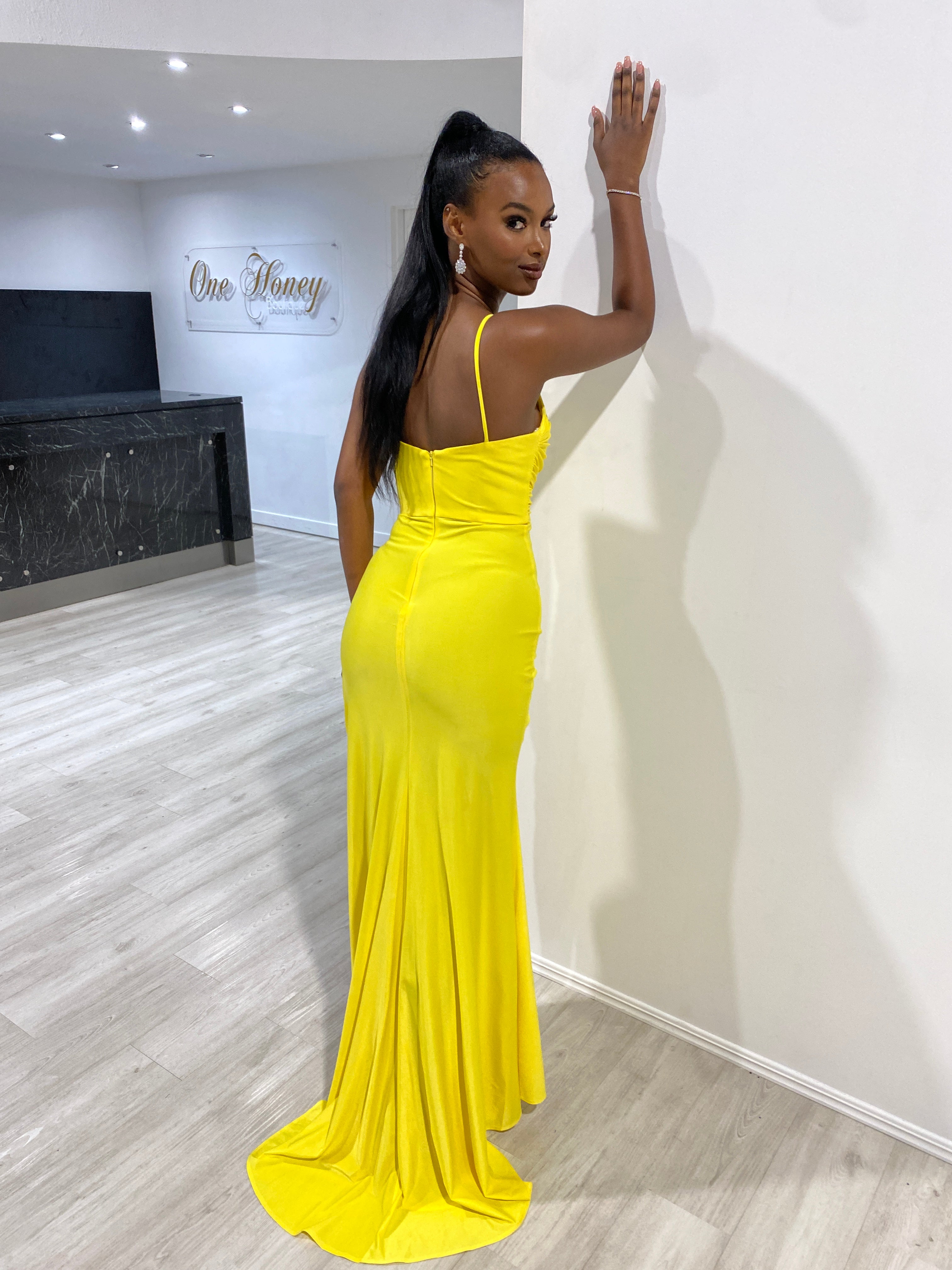 Honey Couture ZURI Neon Yellow Corset Ruched Formal Gown Dress