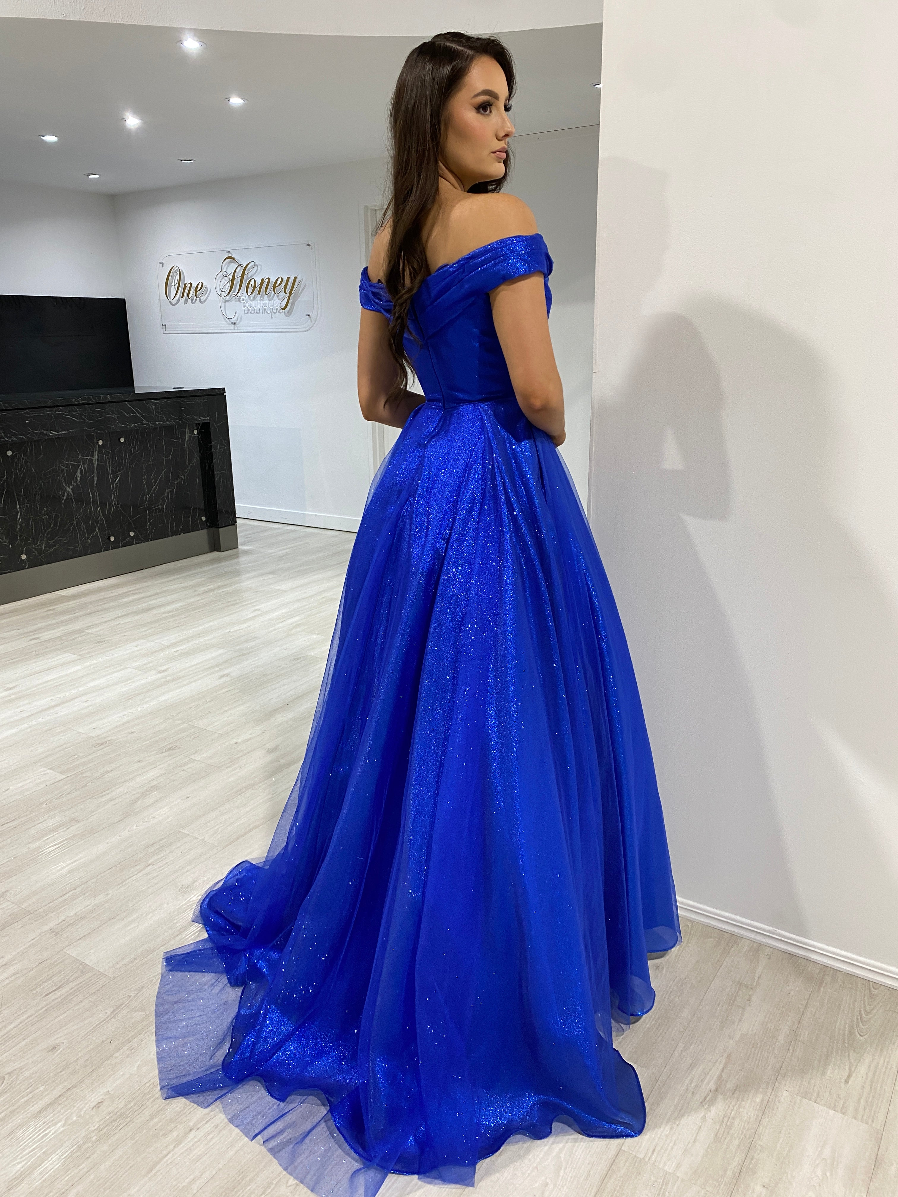 Honey Couture ARIANA Royal Blue Shimmer Ballgown Formal Dress