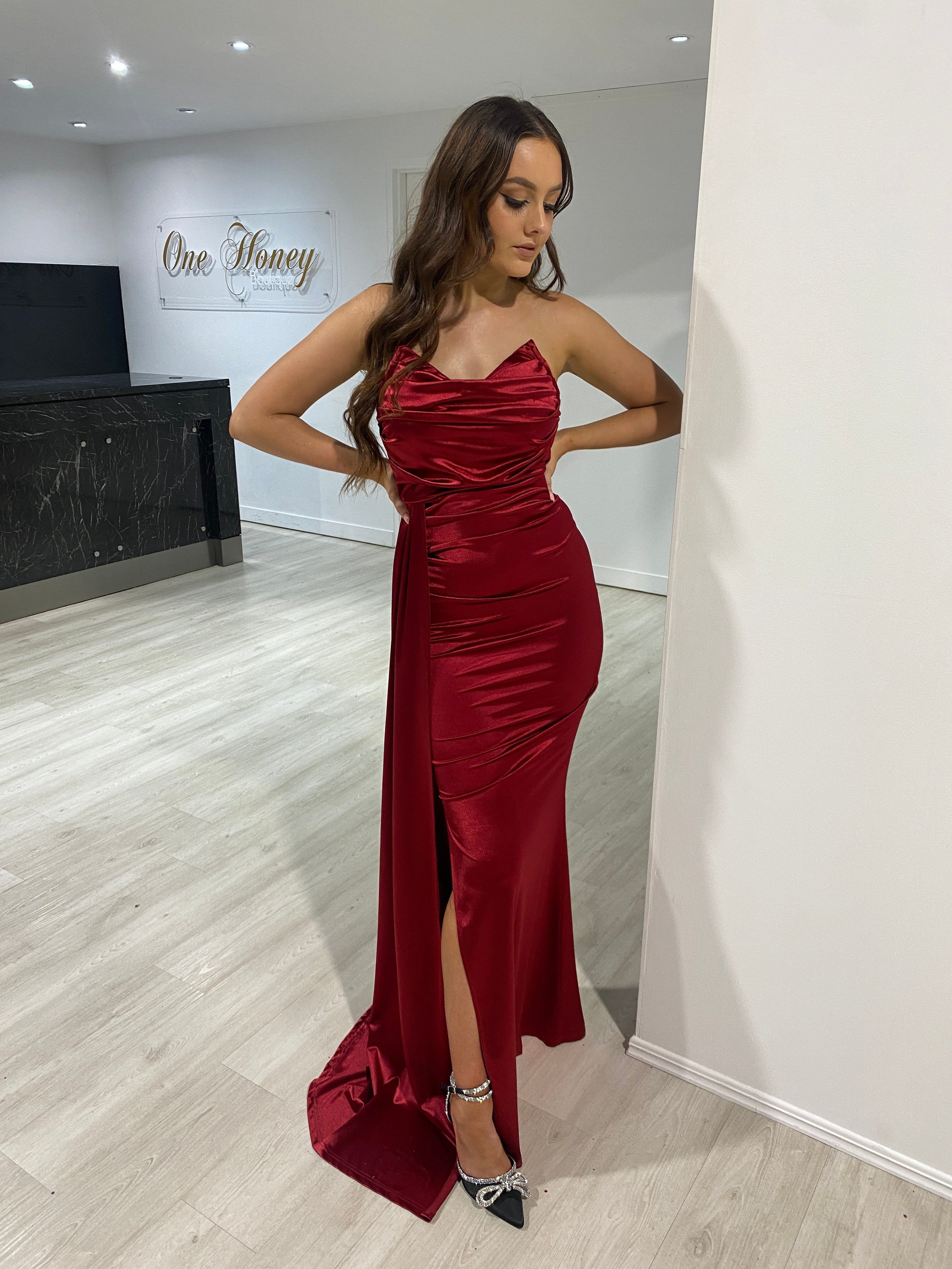 Honey Couture JAEDA Burgundy Silky Bustier Strapless Mermaid Formal Dress