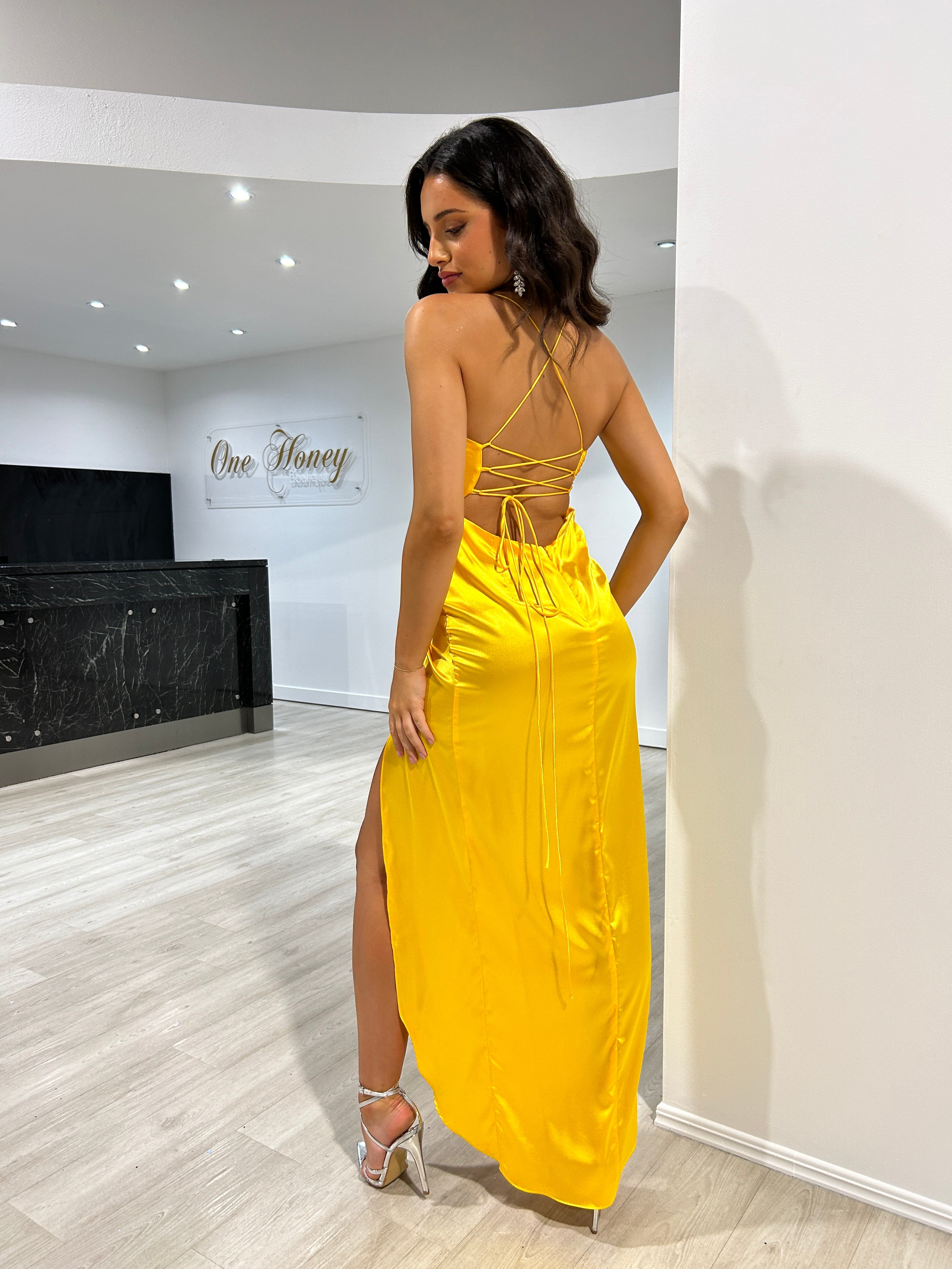 Honey Couture KENNA Yellow Satin Cowl Neck Mermaid Dress