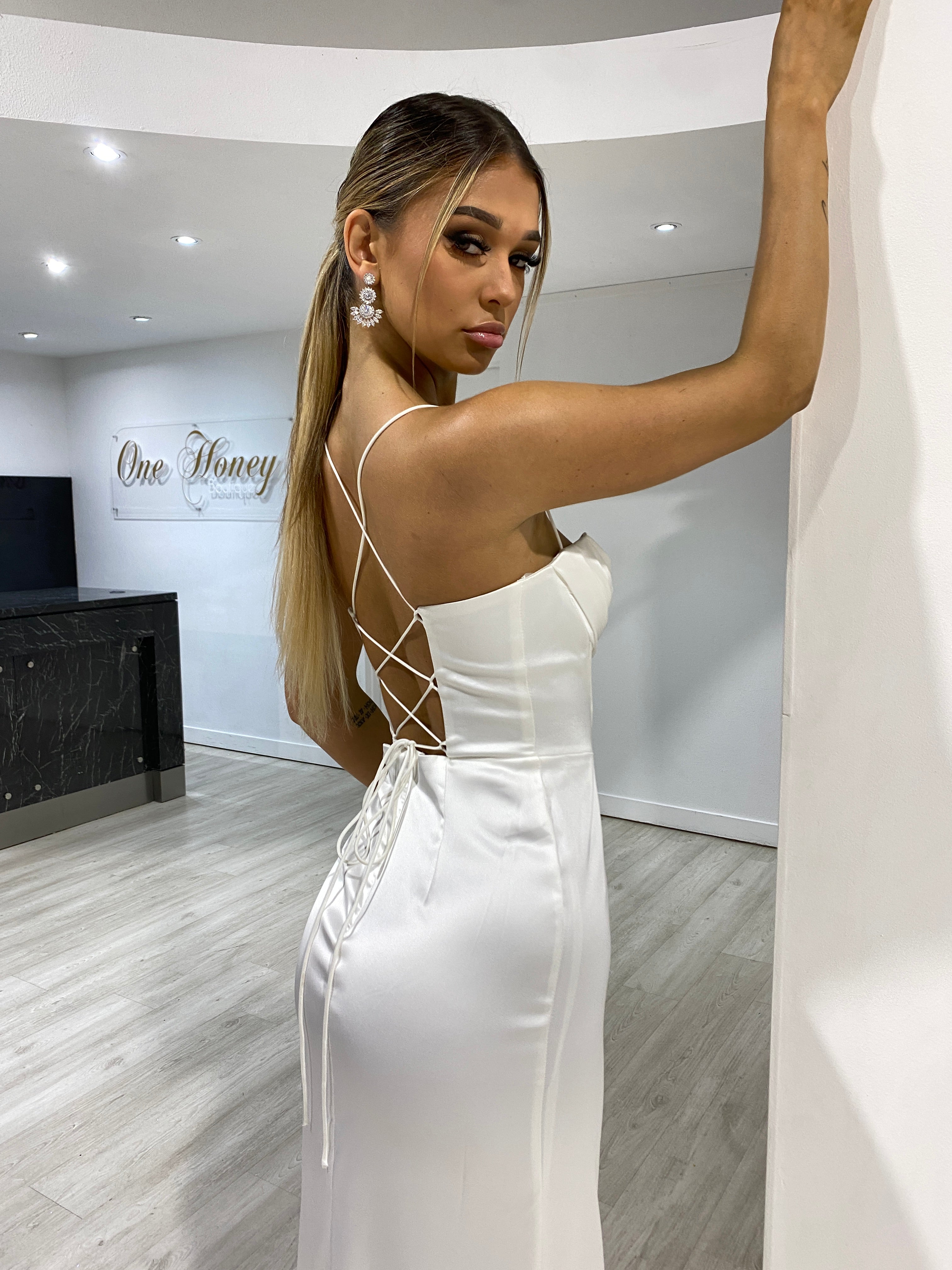 Honey Couture ZENDAYA Off White Satin Corset Bustier Leg Split Formal Dress