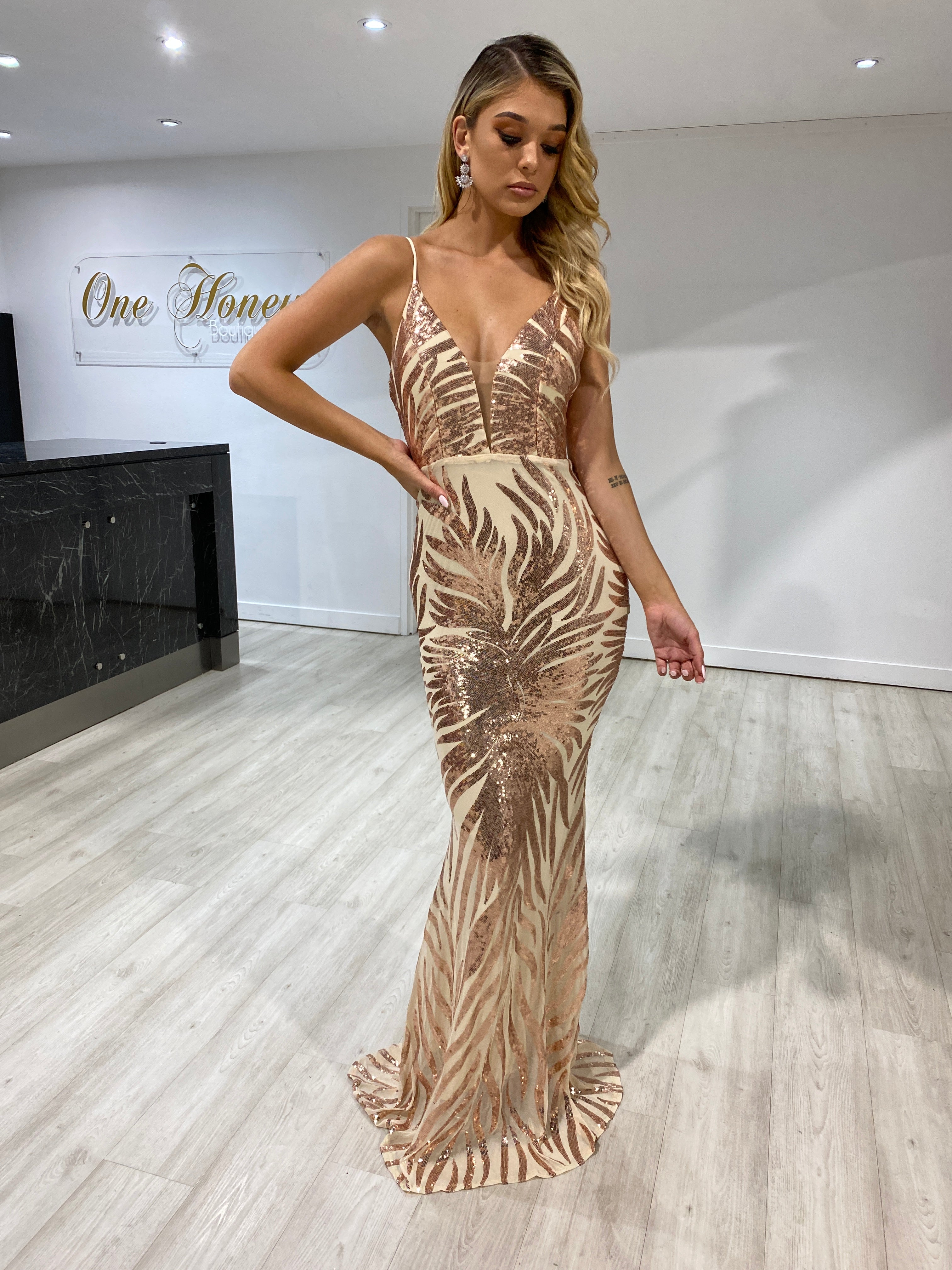 Honey Couture GENENE Rose Gold Thin Strap Sequin Formal Dress