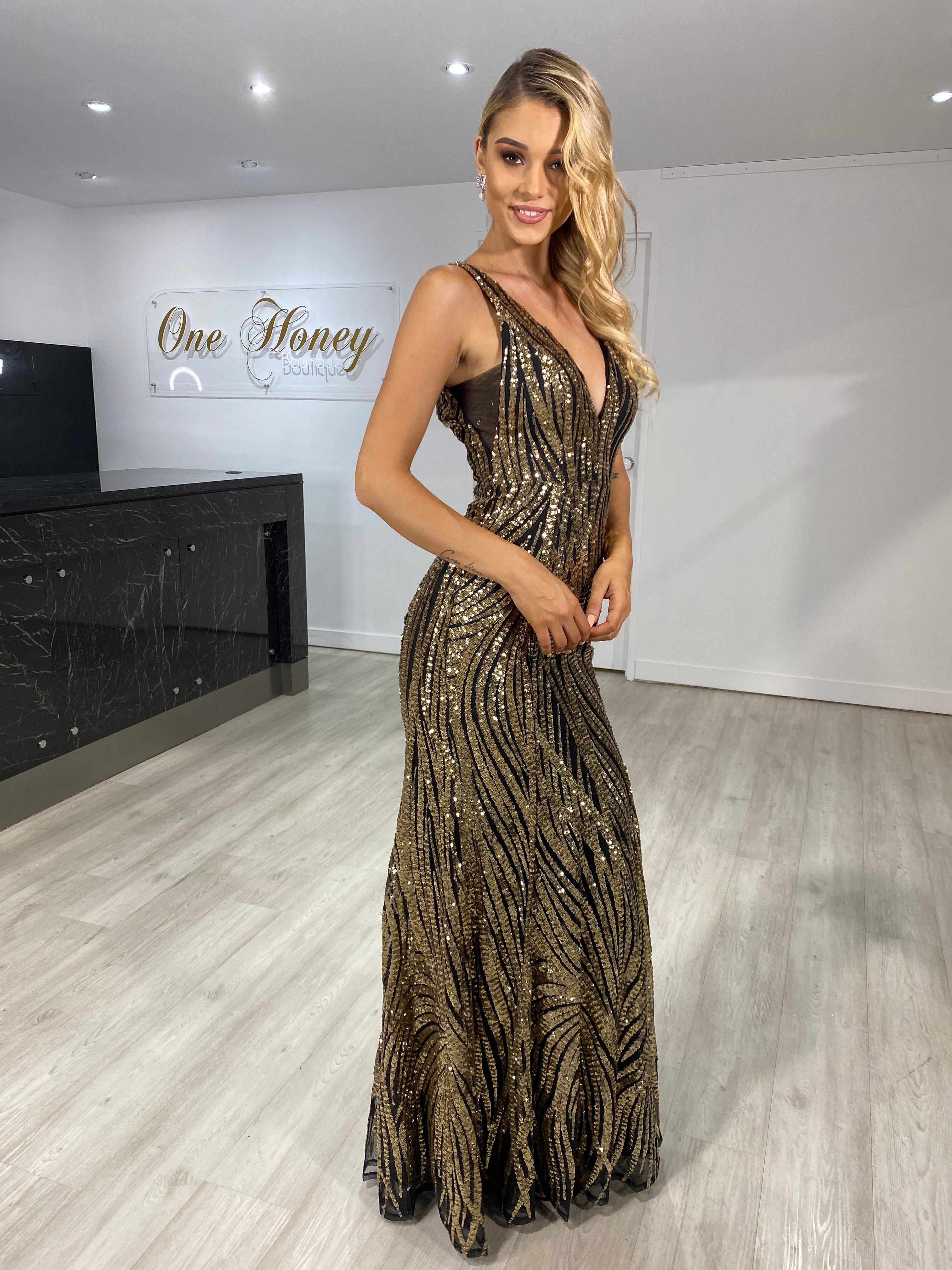 Honey Couture YASMIN Black & Gold Sequin Formal Gown