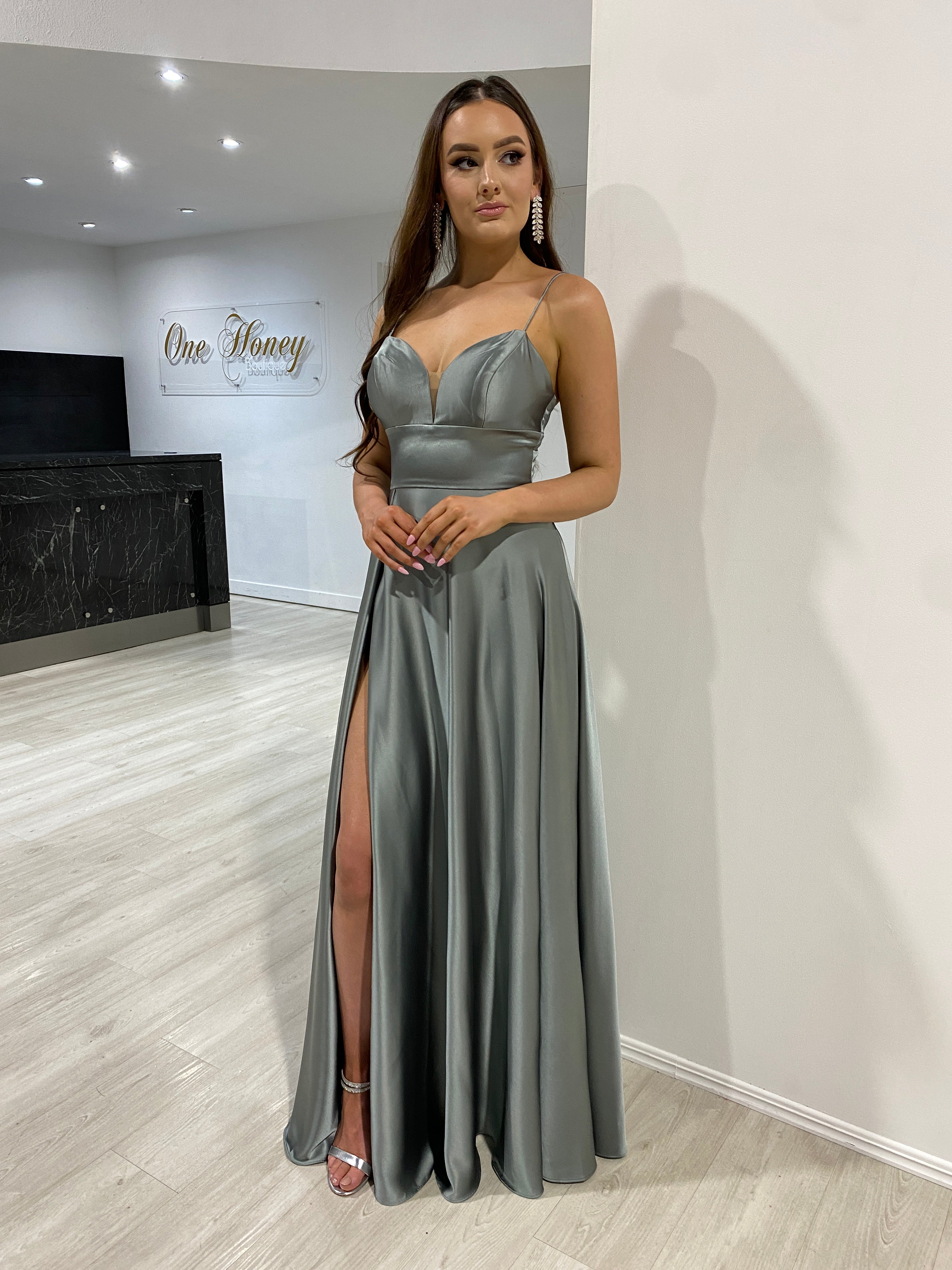 Honey Couture KAY Eucalyptus Blue Green Silky A Line Formal Dress