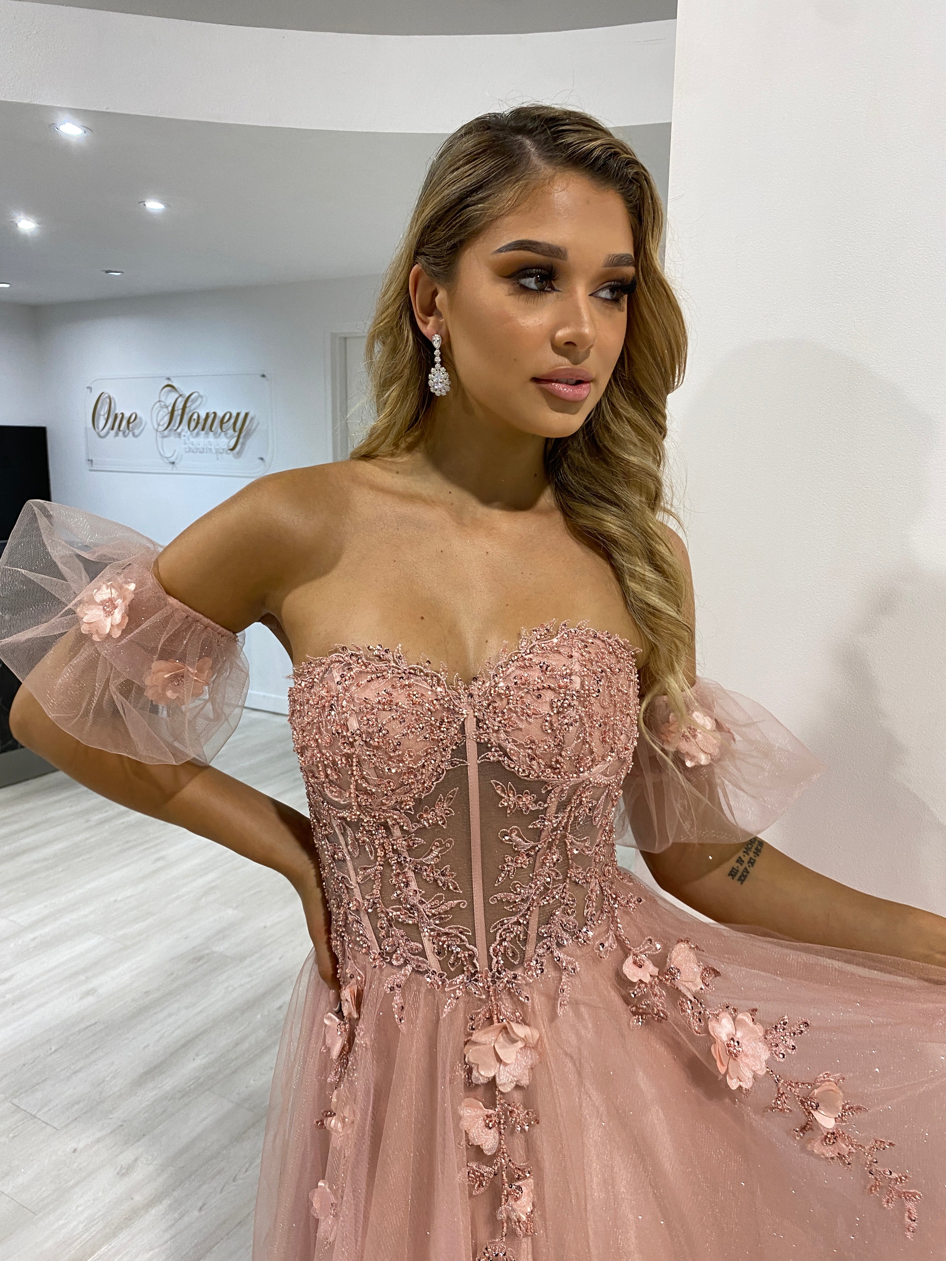 Honey Couture BLOOM Blush Pink Bustier Lace Applique Tulle Formal Dress