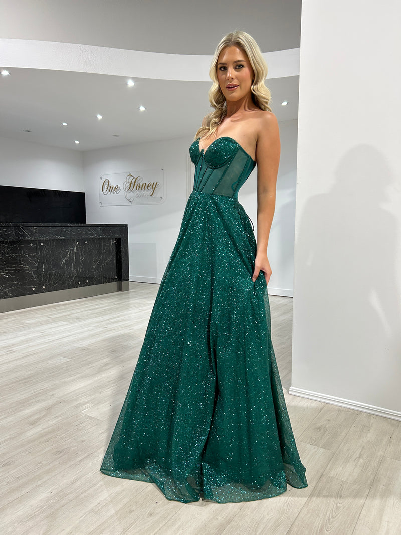 Honey Couture ALOMA Emerald Green Glitter Corset Strapless Formal Dres ...