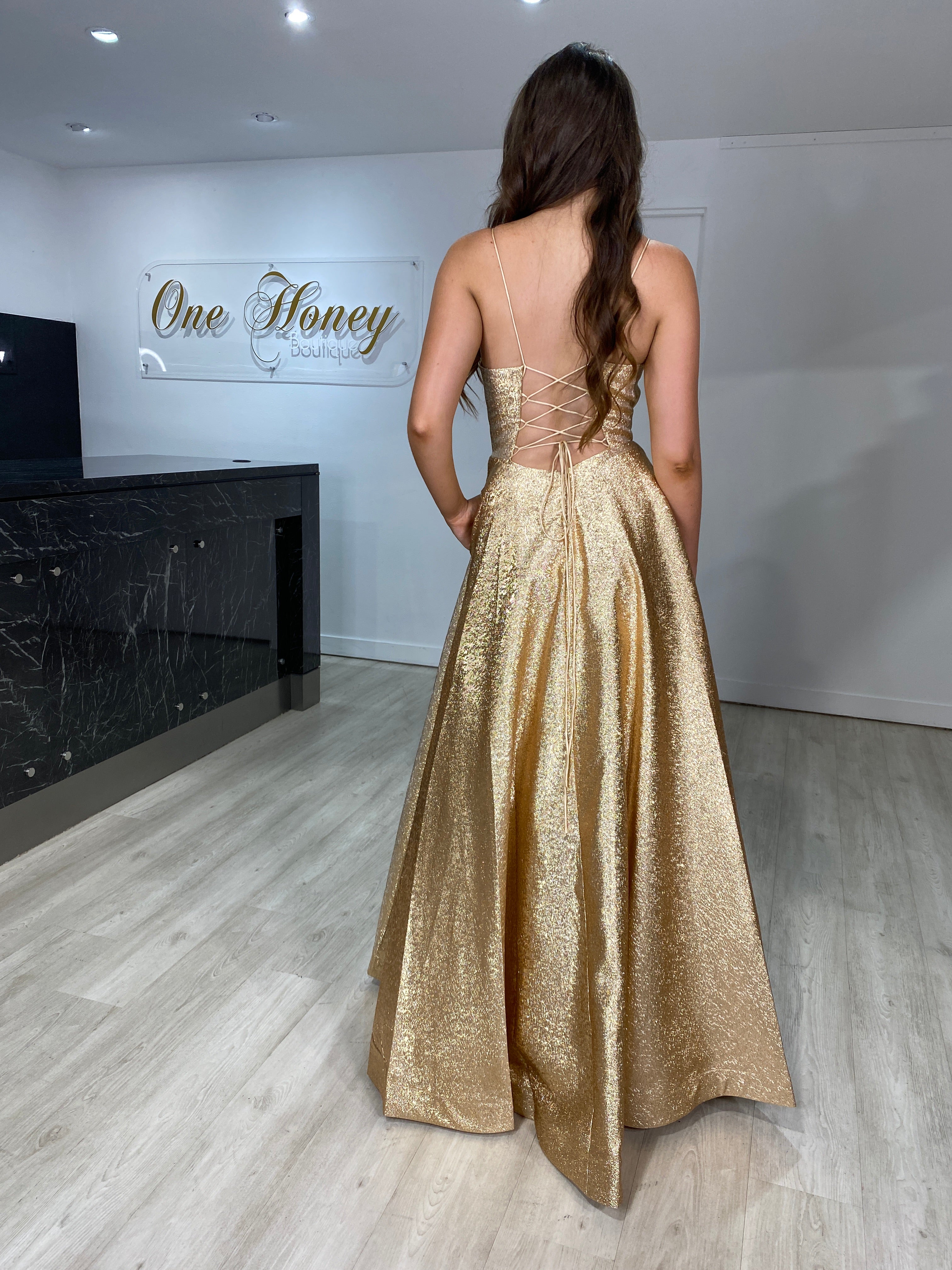 Honey Couture ADORA Gold Metallic Shimmer Lace Up Corset Back Formal Gown Dress