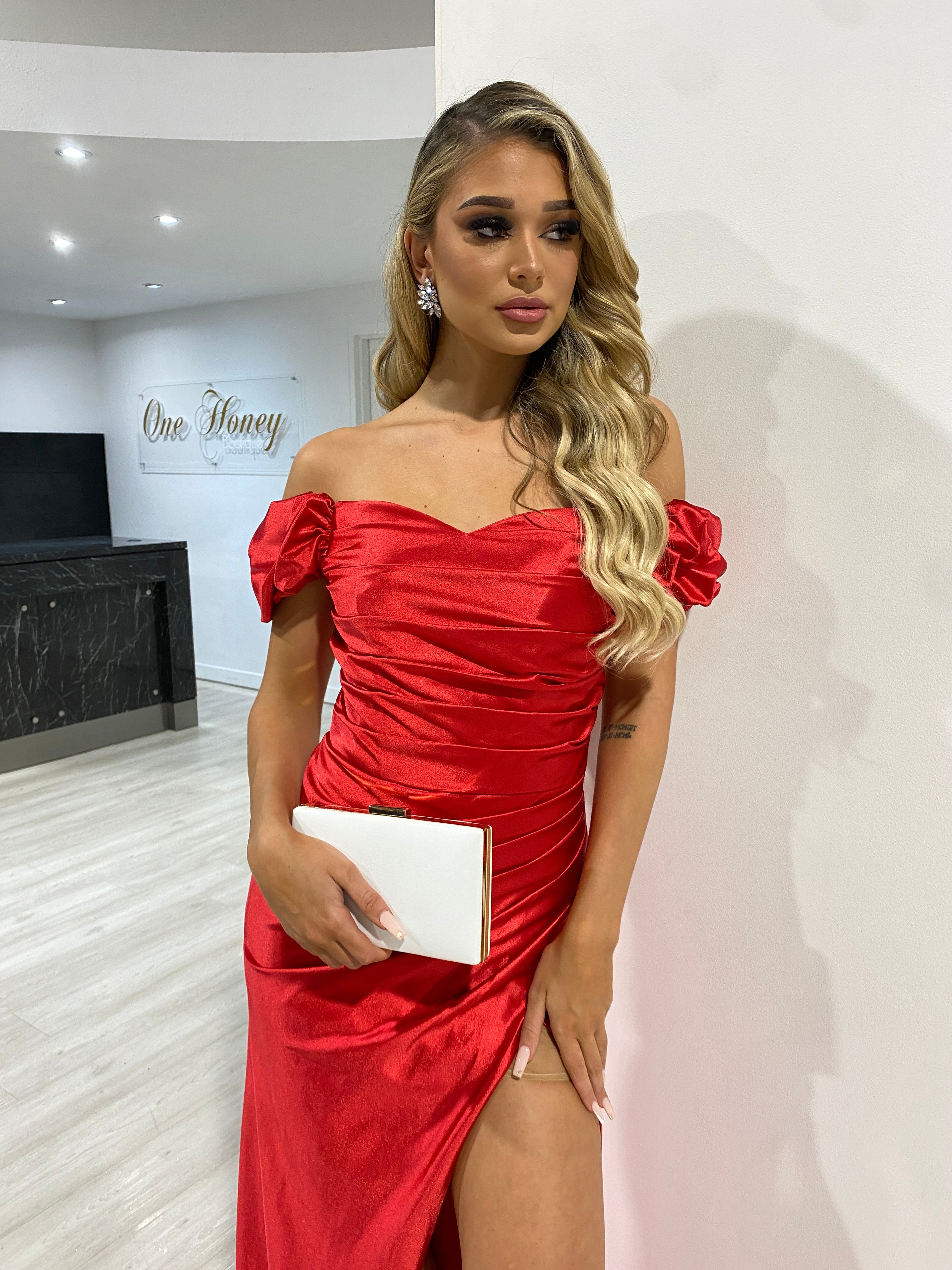 Honey Couture ROBIN Red Silky Off Shoulder Formal Dress