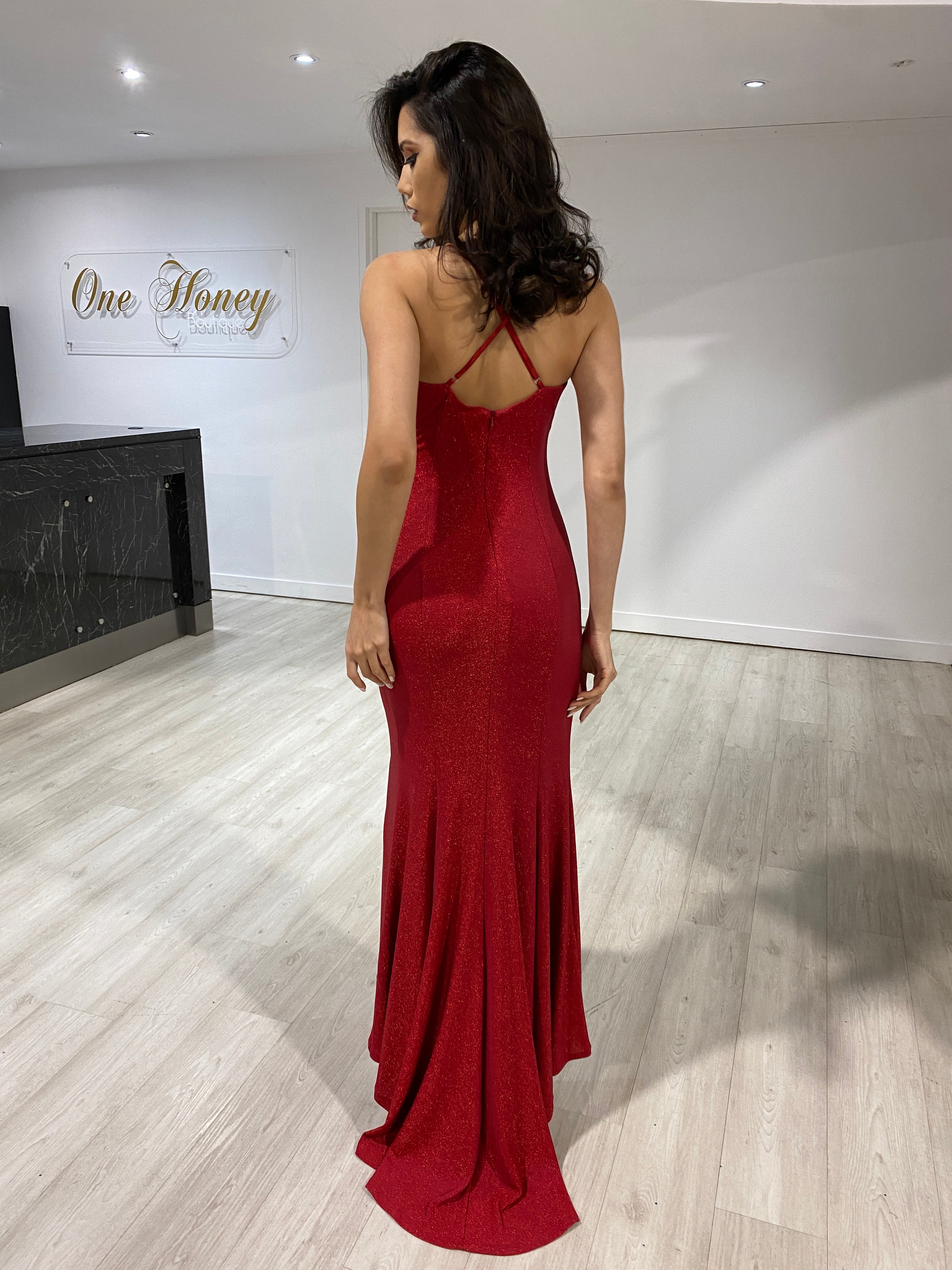 The BELINDA Red Ruching Mermaid Evening Gown Dress