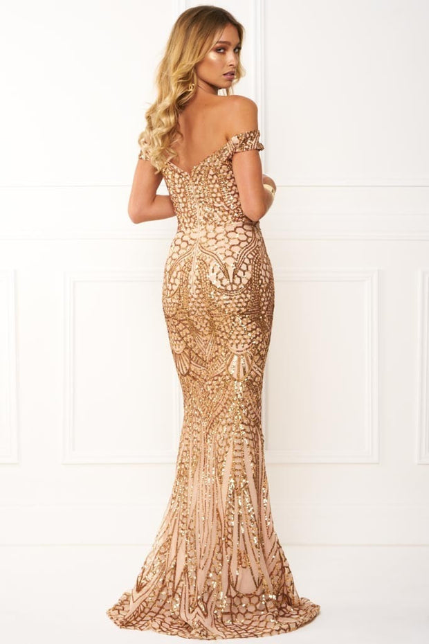 Honey Couture HAILEY Rose Gold Sheer Sequin Off Shoulder Evening Gown