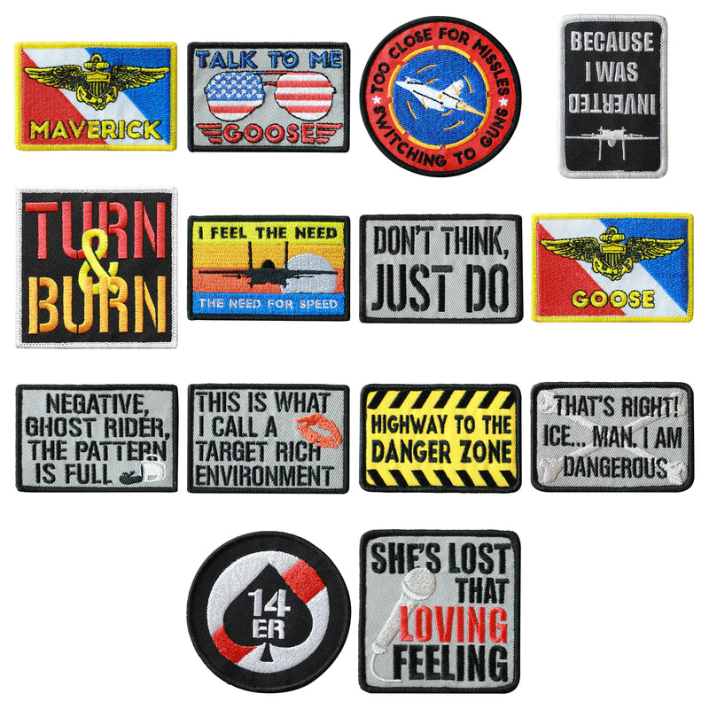 Maverick poster displays military style and military morale patches.