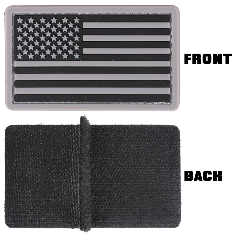 The front and back sides of a Velcro Morale Patch of the United States flag.