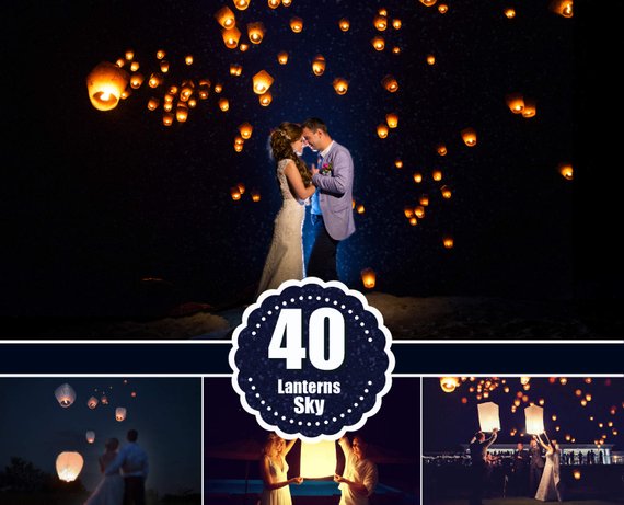 40 Sky Lanterns Photoshop Overlays, light effect, wedding party holida –  