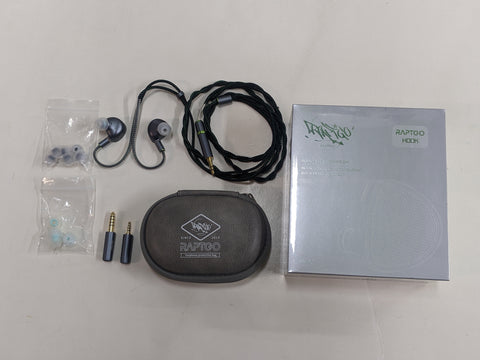 Contents of RaptGo Hook-X in ear monitors, IEM's, ear tips, carrying case, 4.4mm, 3.5mm, 2.5mm, planar, magnets, driver, bone conduction